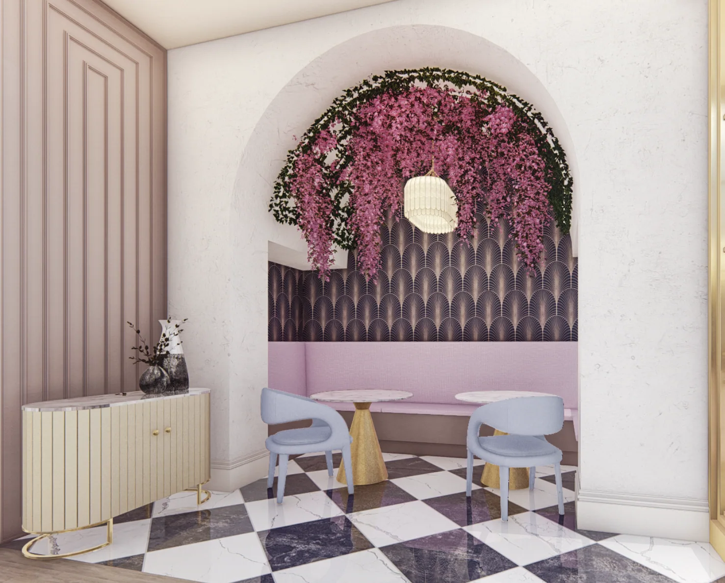 Design rendering: Arched waiting nook with hanging pink flowers and pale blue chairs.