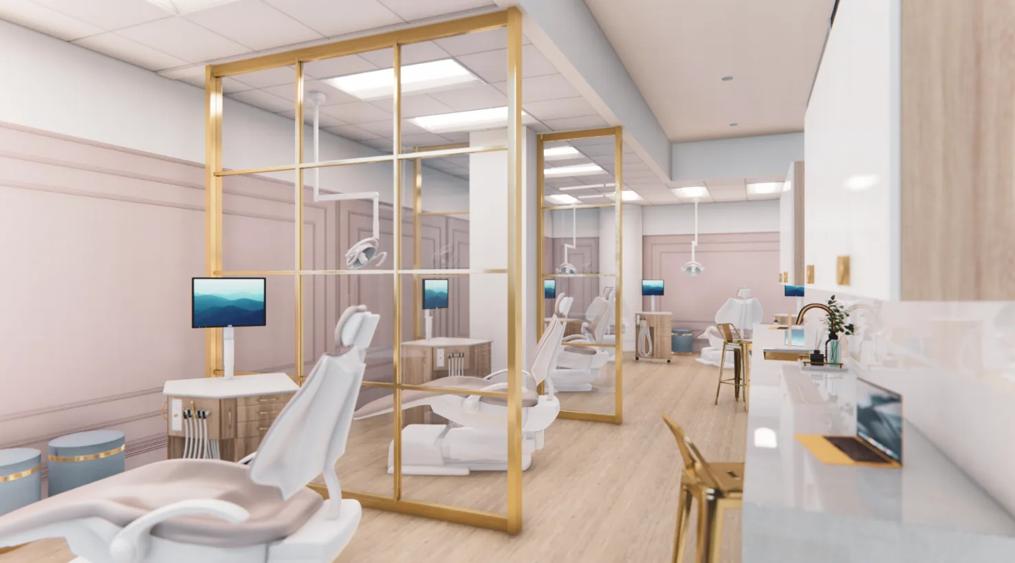 Design rendering: Dental treatment bays with brass-toned glazed partitions and pale upholstery.