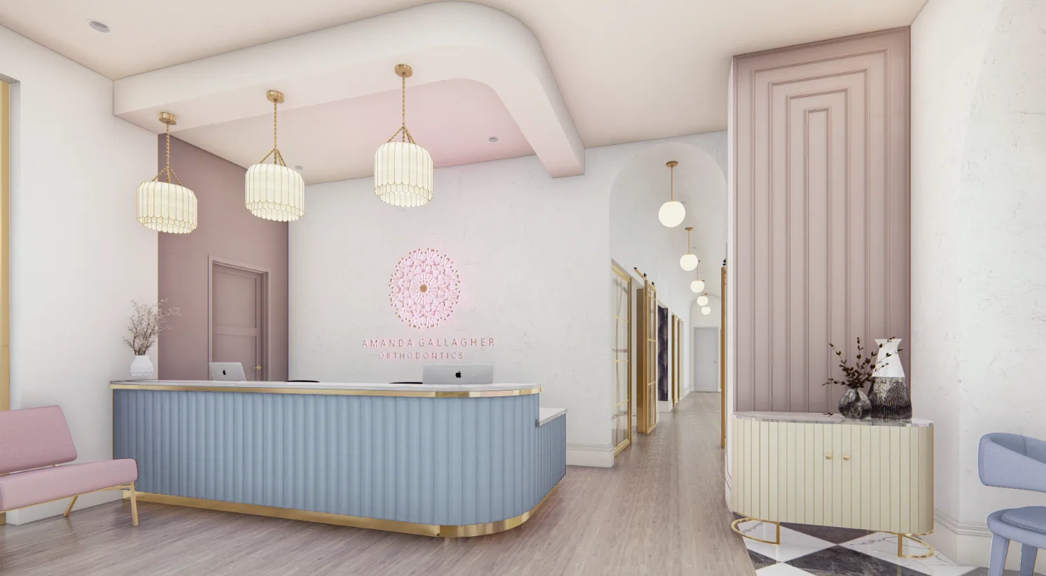 Design rendering: Pale blue reception counter beneath soft pink walls and three pendant lights.