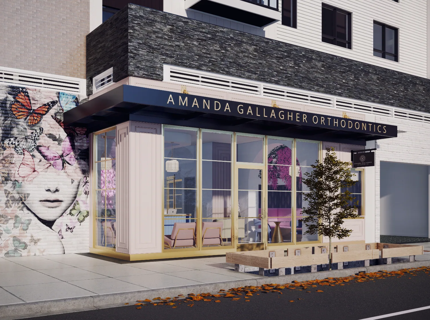 Design rendering: Amanda Gallagher Orthodontics street frontage with black awning and full-height glazing.