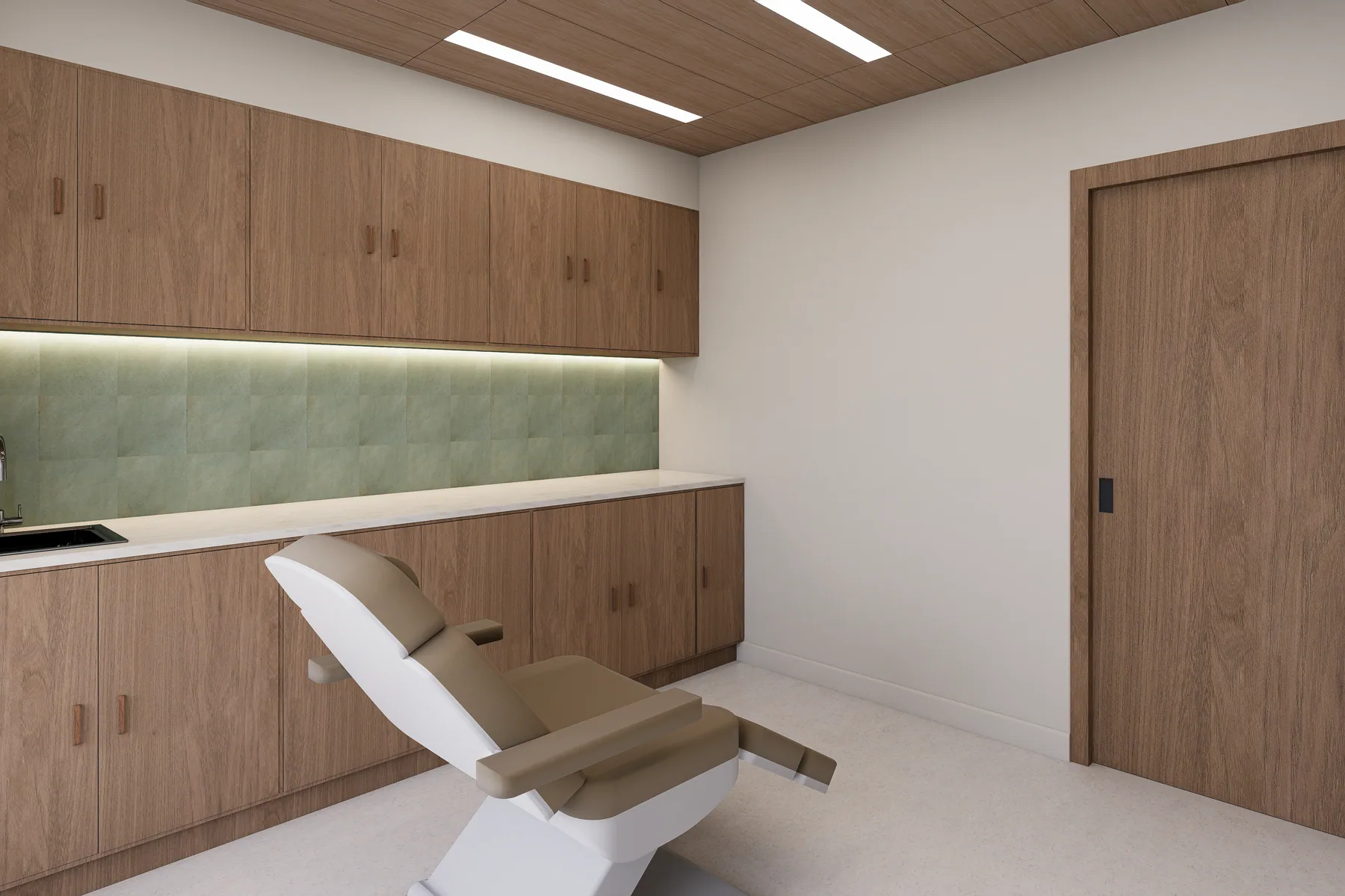 Design rendering: Treatment room with reclining chair, wood cabinetry, green-toned backsplash, and linear ceiling lights.