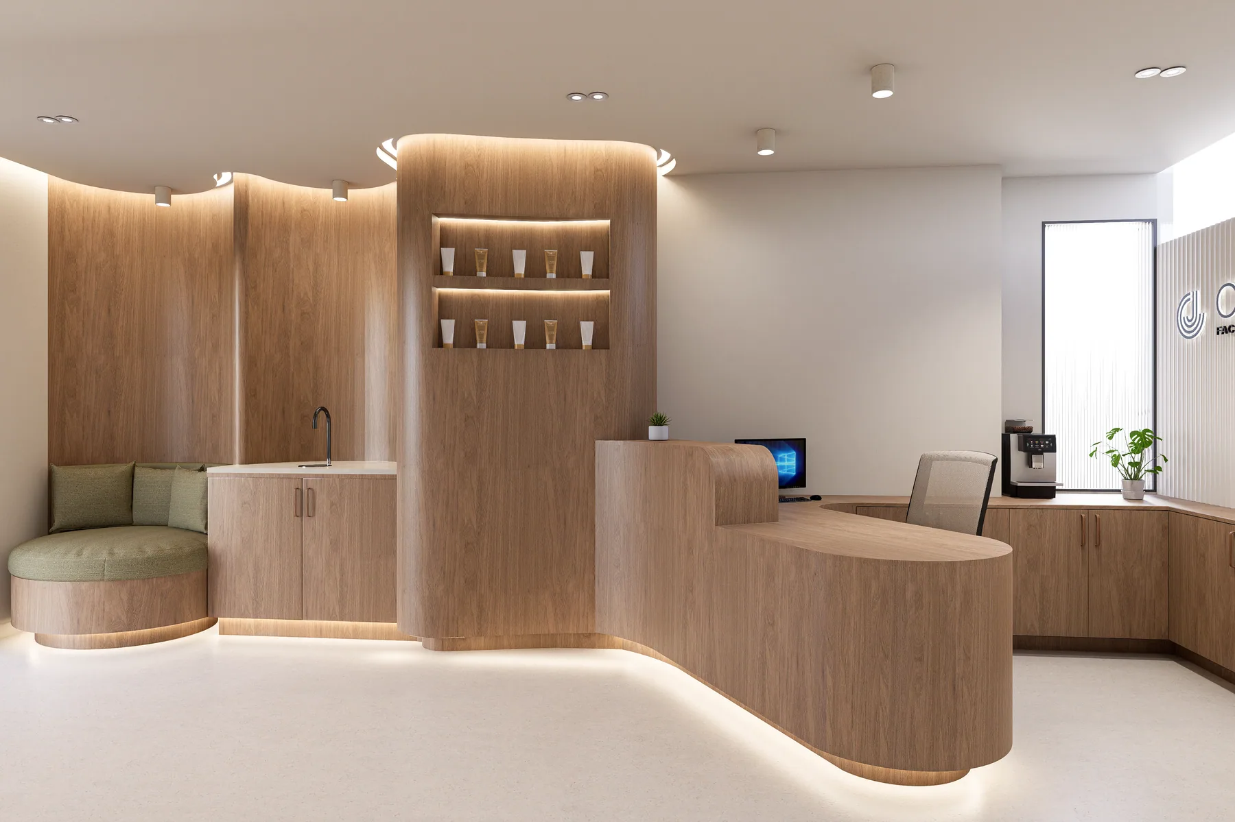 Design rendering: Broad reception view with curved timber desk, illuminated product shelving, green banquette, and pale floor.