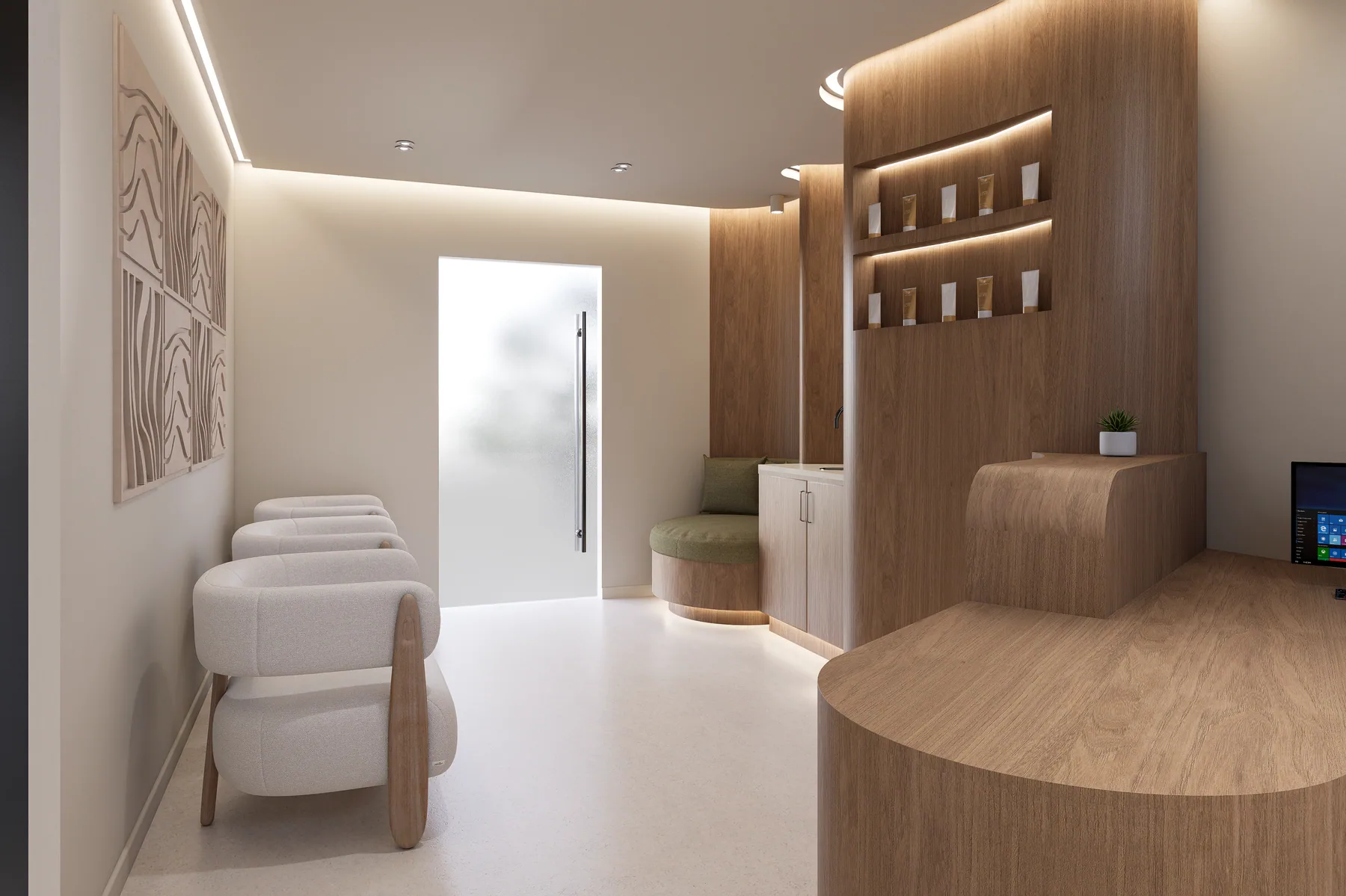 Design rendering: Reception from the waiting side, showing white chairs, rounded timber volumes, and shelving.
