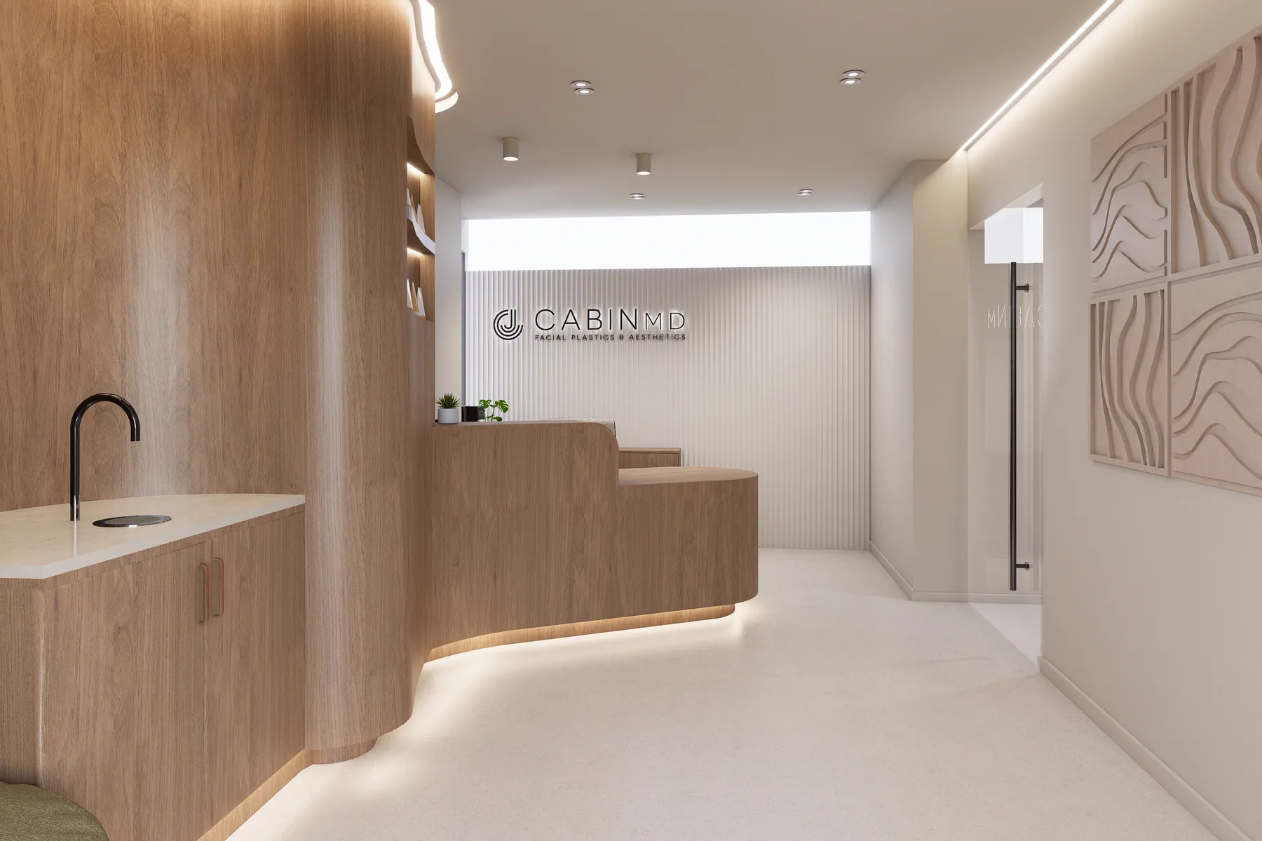 Design rendering: Entry and reception angle with beverage sink, clinic signage, wood counter, and relief wall art.