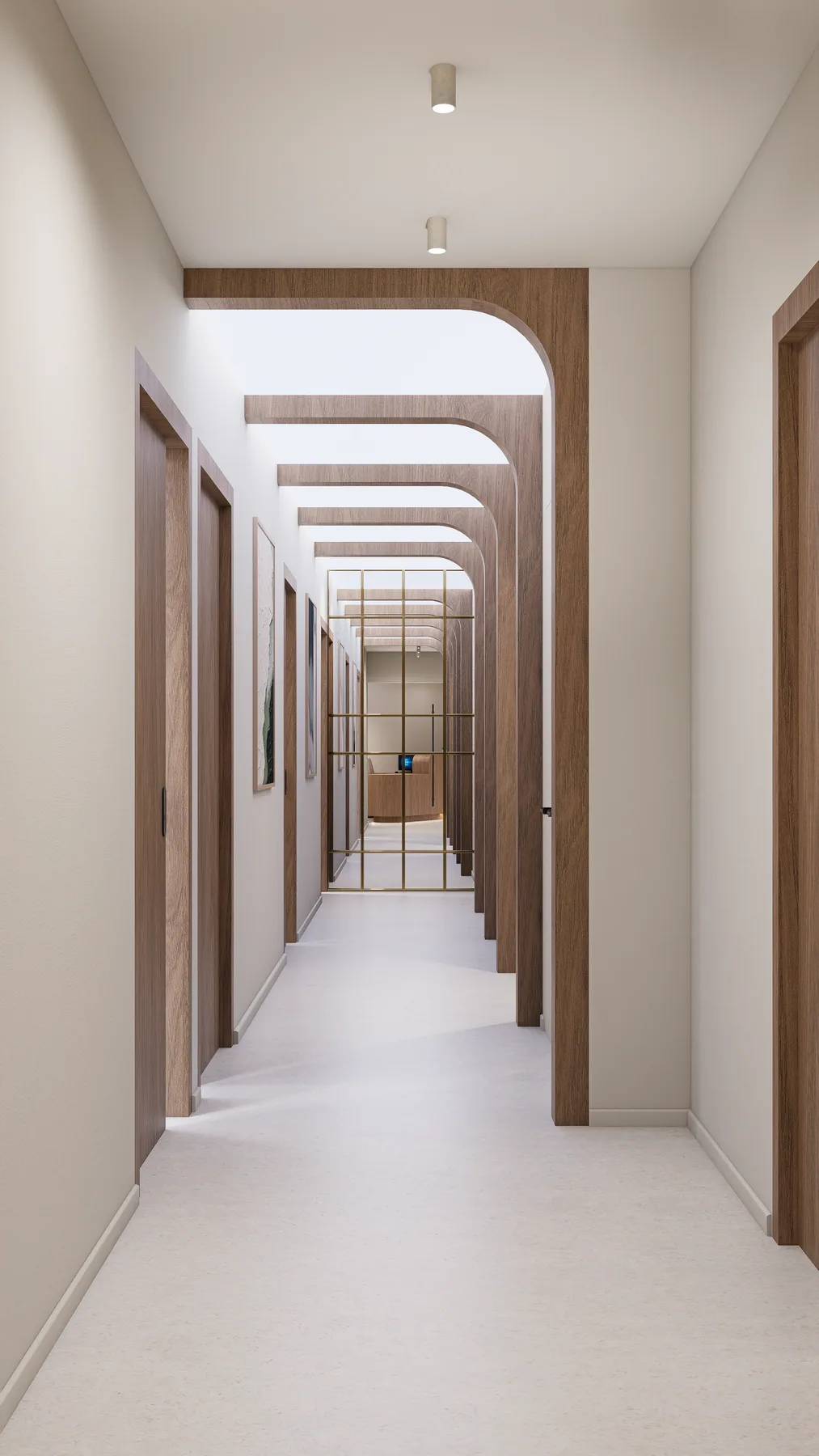 Design rendering: Portrait corridor view through repeated rounded timber portals.
