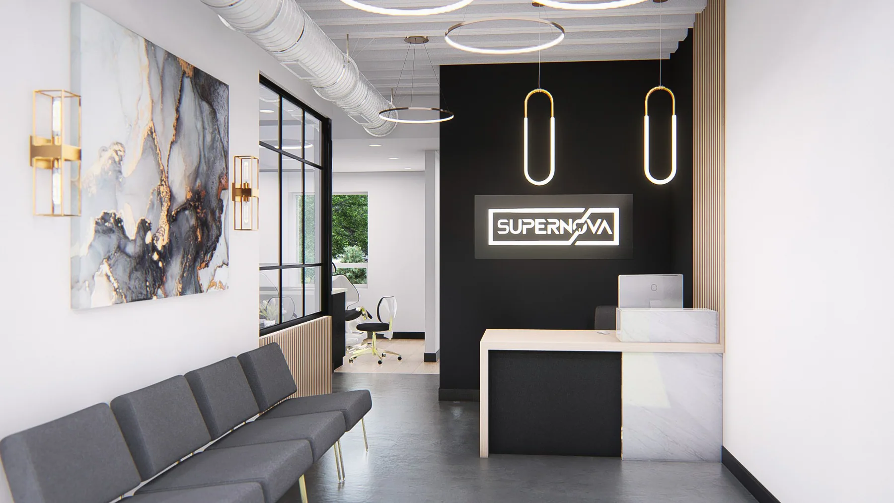 Design rendering: Supernova reception with black feature wall, pale counter and circular ceiling lights.