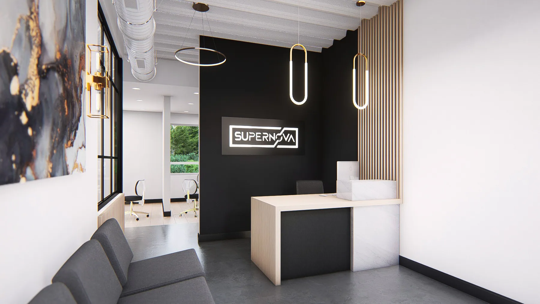 Design rendering: Timber slat detailing beside the reception counter and gray waiting chairs.