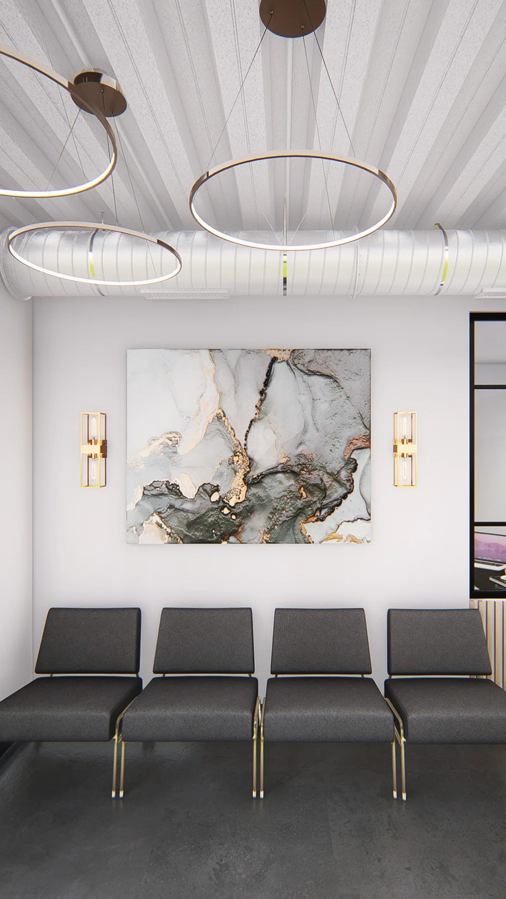 Design rendering: Waiting seats beneath abstract artwork and suspended circular lights.