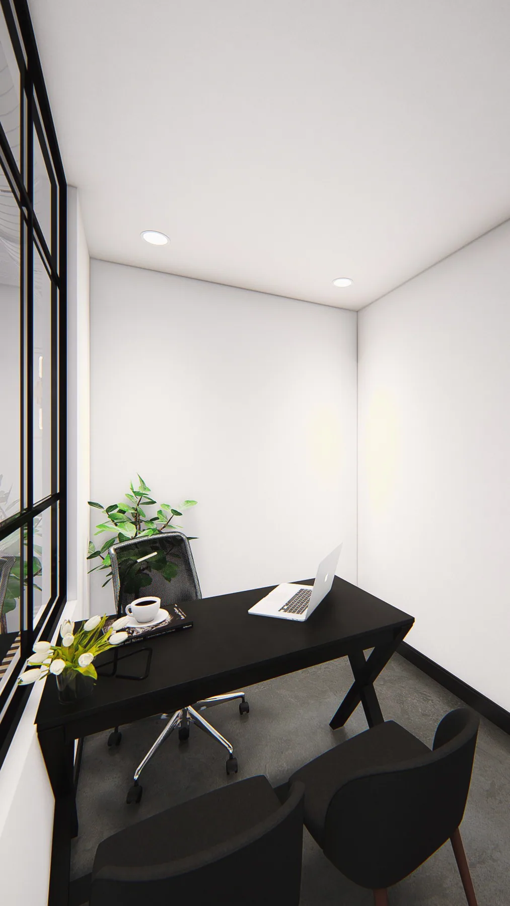 Design rendering: Private desk behind a black-framed glazed partition.
