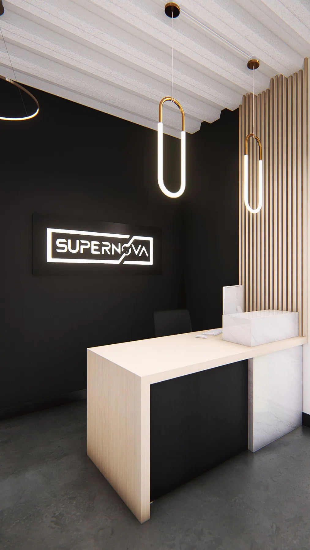 Design rendering: Reception counter detail beneath paired elongated pendant lights.