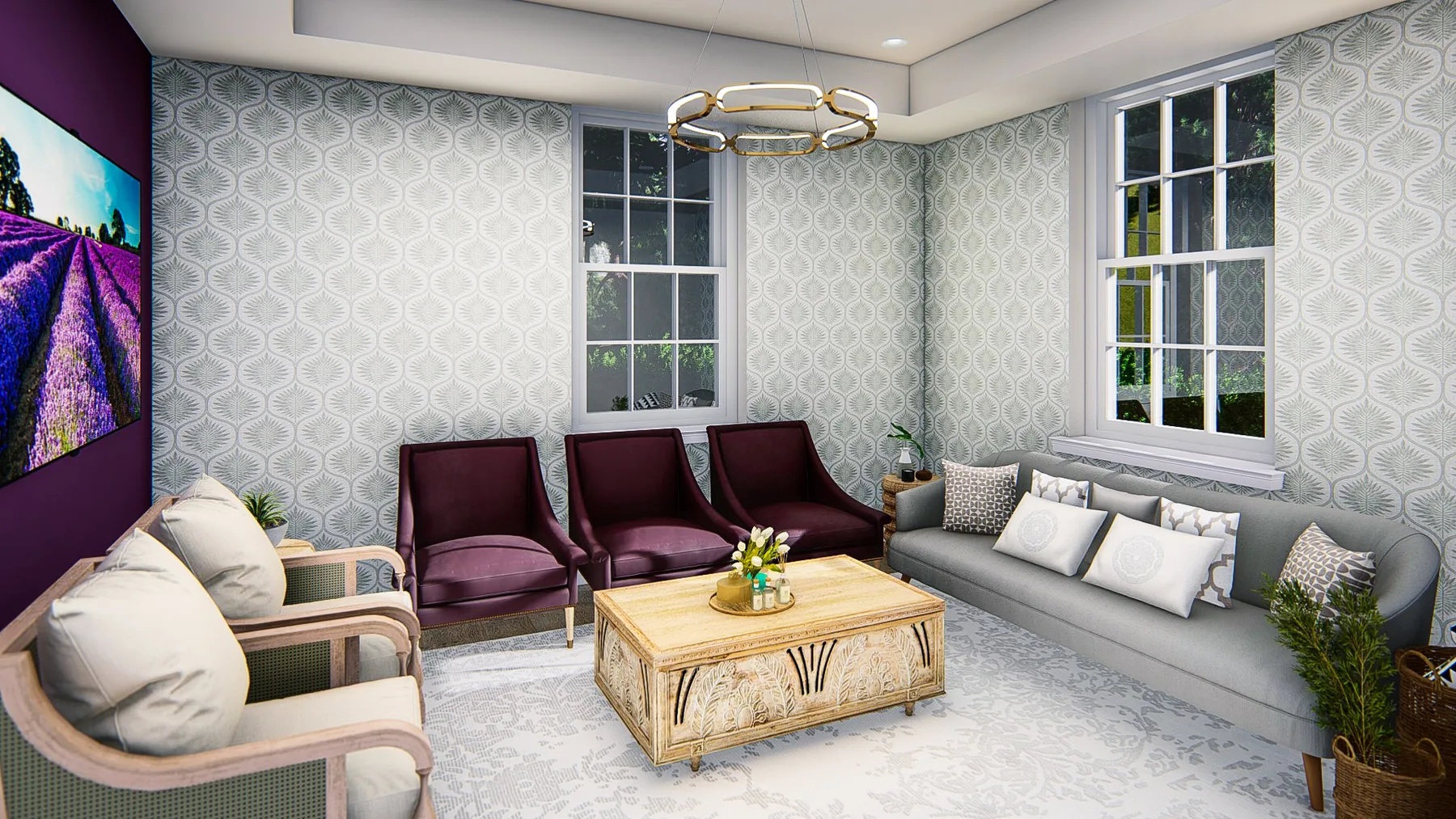 Design rendering: Waiting lounge with plum chairs, patterned wallpaper and a timber coffee table.