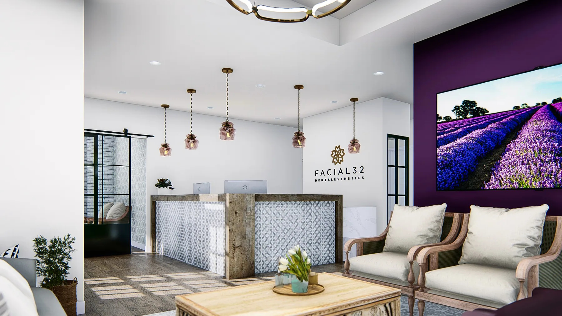 Design rendering: Facial 32 reception and pale lounge seating beneath warm pendant lights.