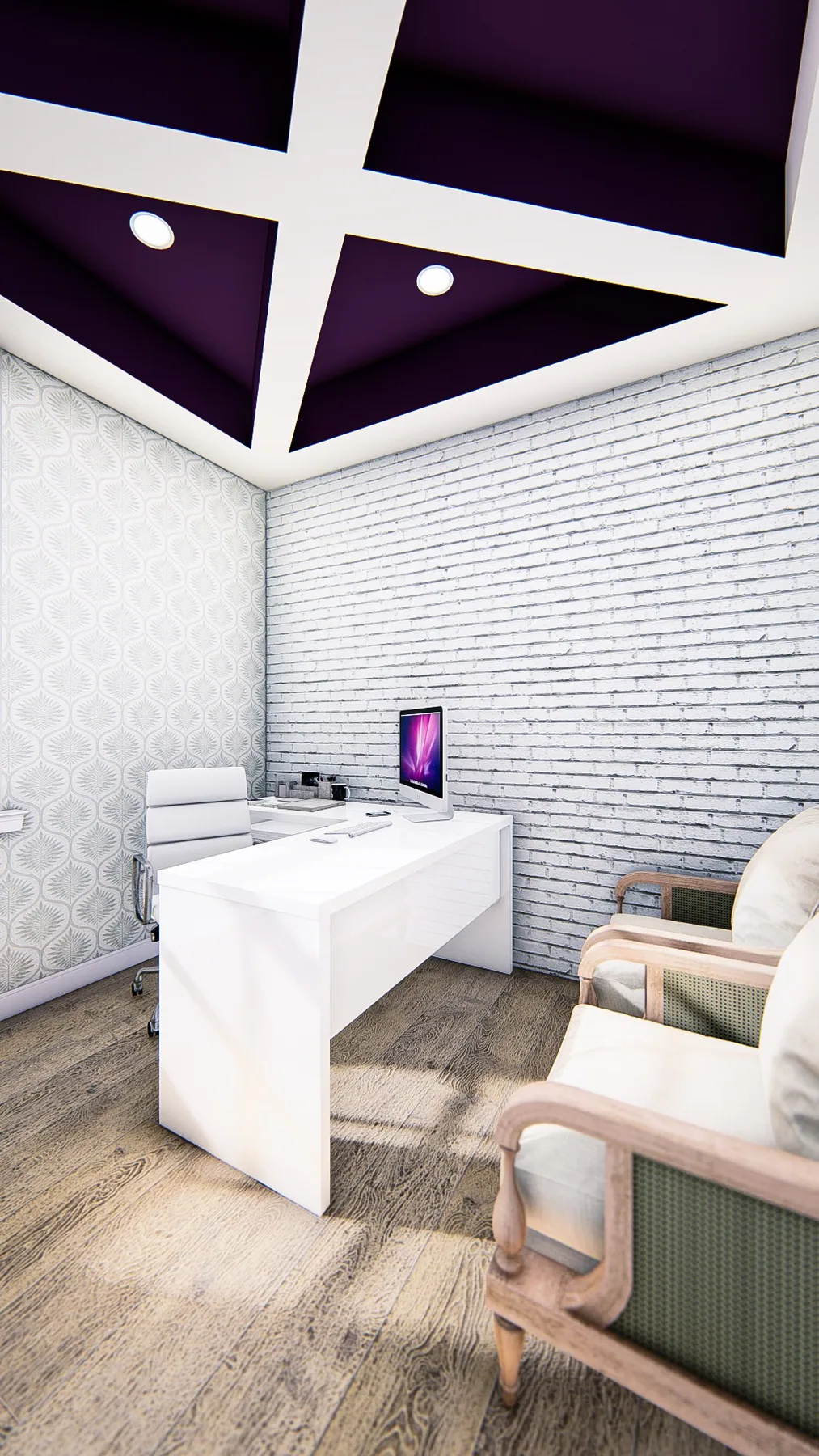 Design rendering: Pale consultation desk beneath a plum ceiling with white beams.