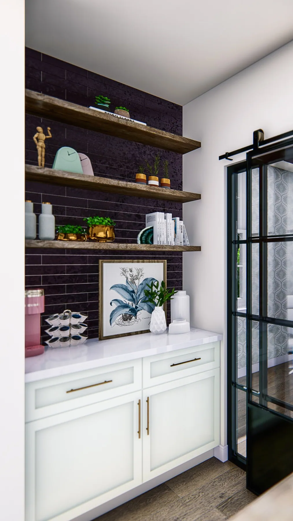 Design rendering: Open timber display shelves above pale built-in cabinets.