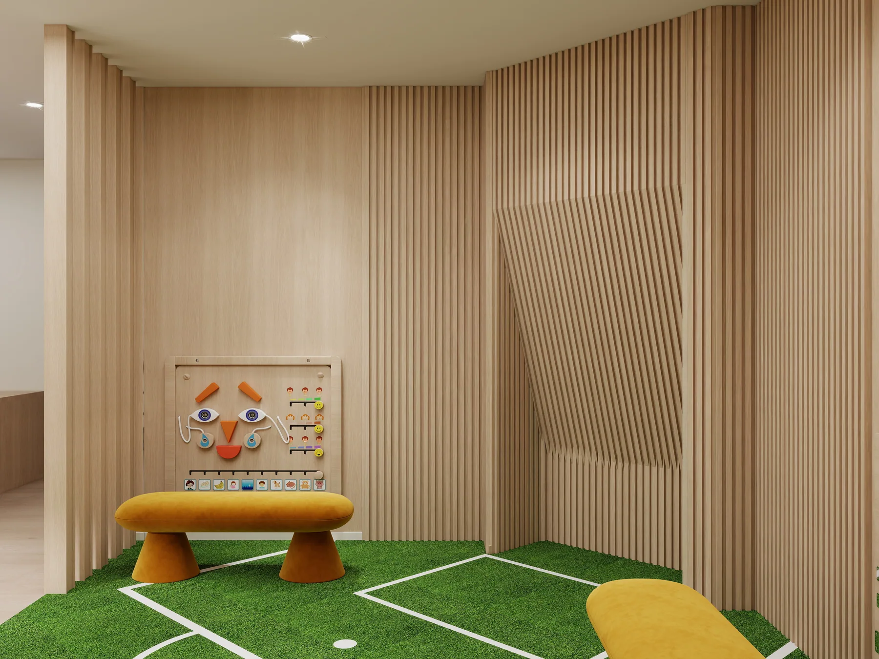 Design rendering: Play corner with timber slats, activity board, yellow bench, and green court-pattern floor.
