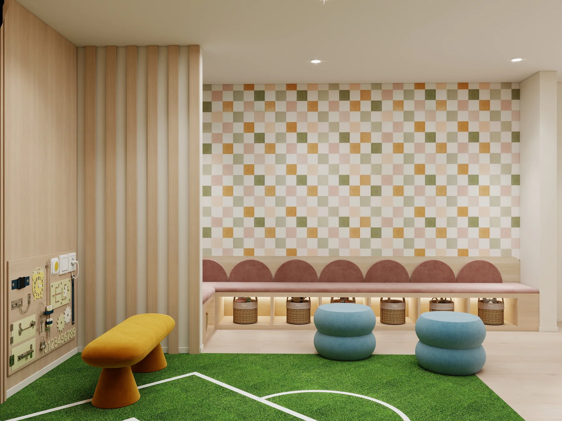 Design rendering: Waiting/play area with pastel checkerboard wall, scalloped bench, and blue stools.