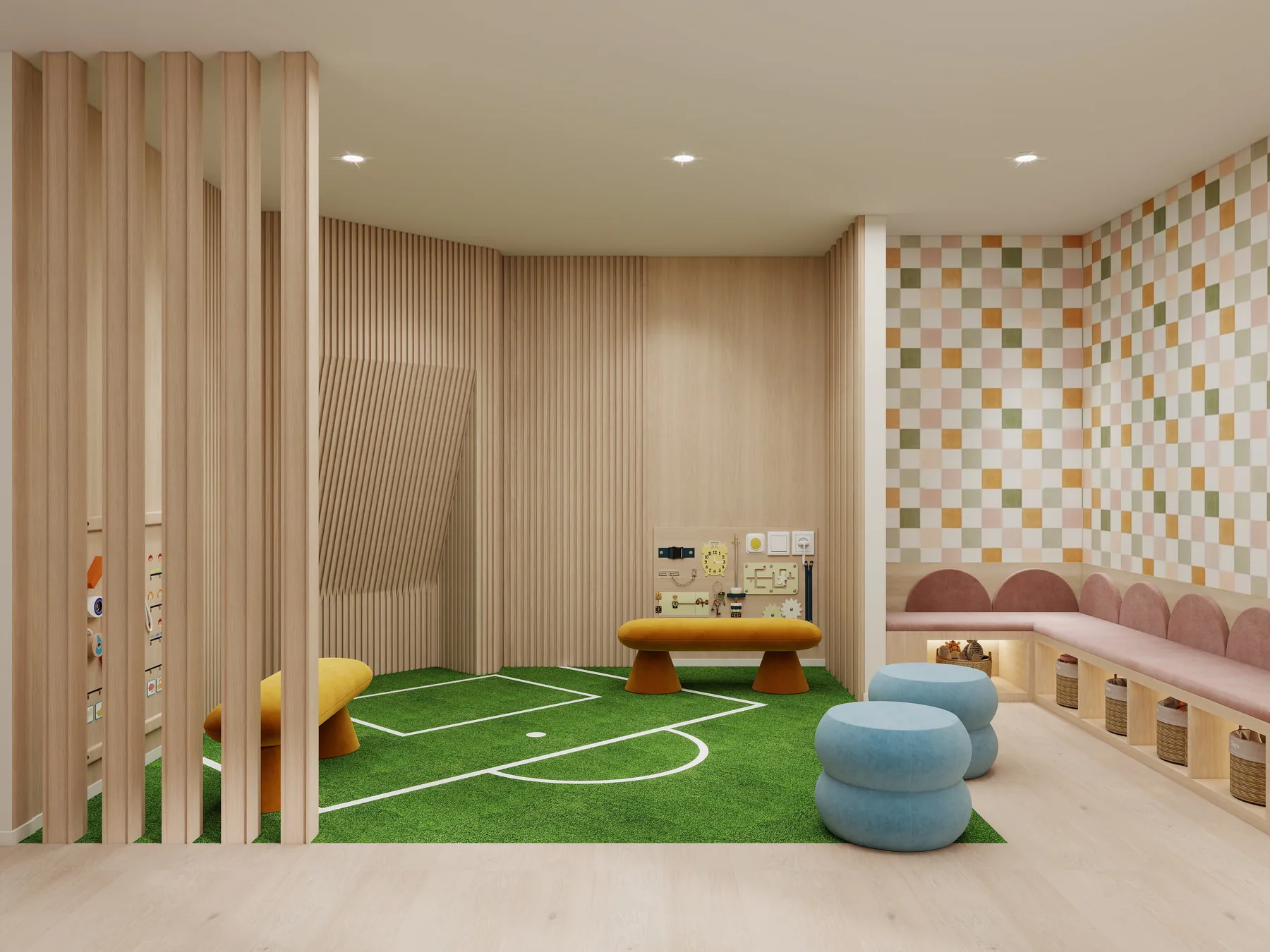 Design rendering: Wide play area with timber divider, activity boards, stools, and checkerboard wall.
