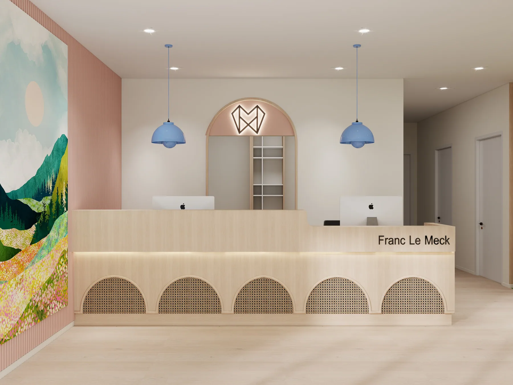 Design rendering: Front-on reception desk and arched niche with tooth motif.