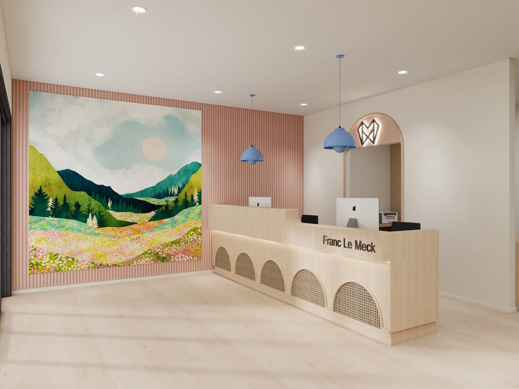 Design rendering: Angled reception desk and landscape mural.