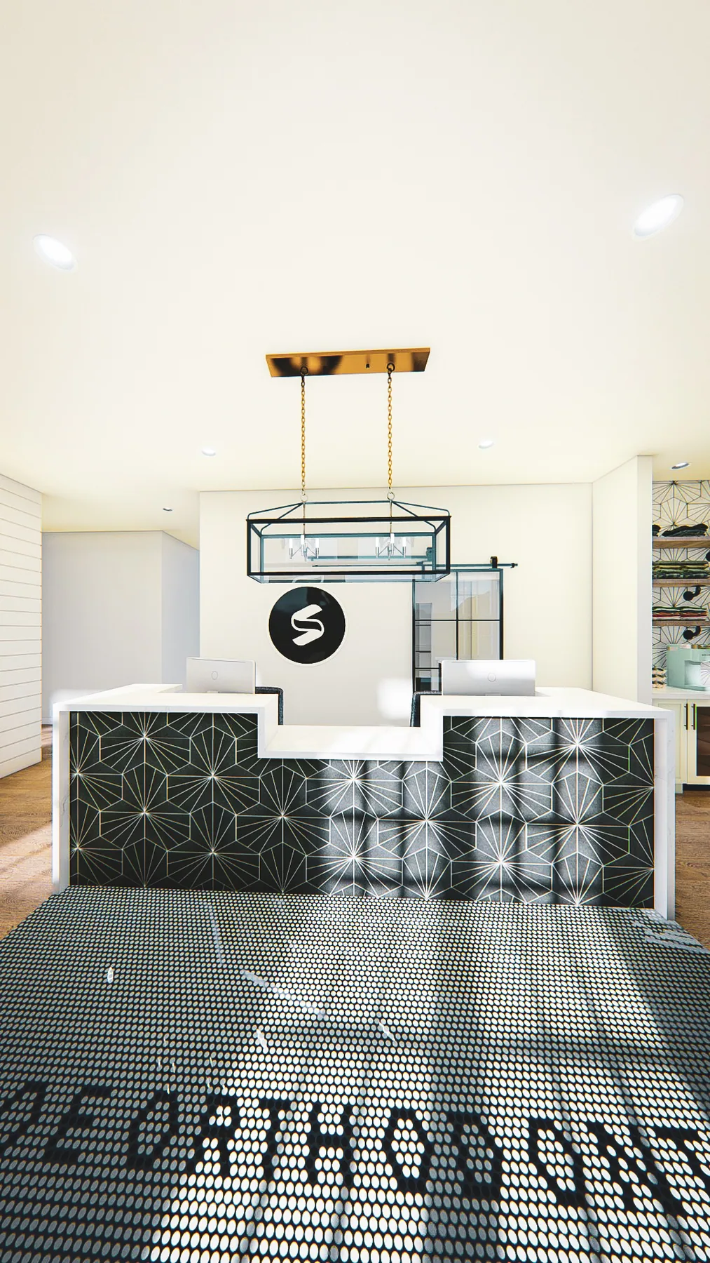 Design rendering: Patterned reception counter, black lantern pendant and lettered mosaic floor.