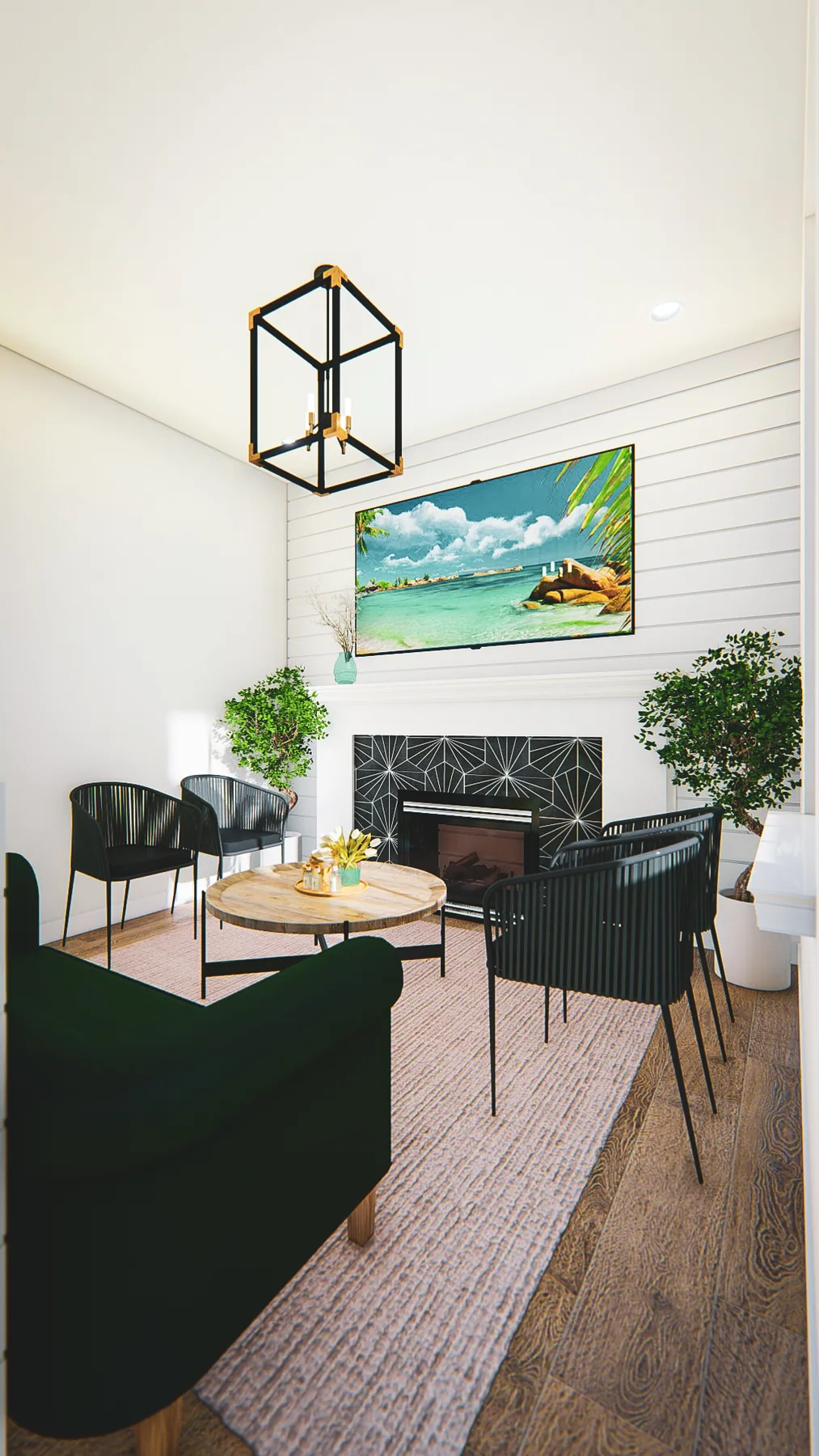 Design rendering: Dark lounge seating around a fireplace beneath landscape artwork.