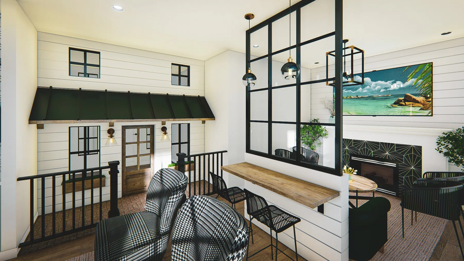 Design rendering: Children’s farmhouse playhouse beside black-framed glazing and the waiting lounge.