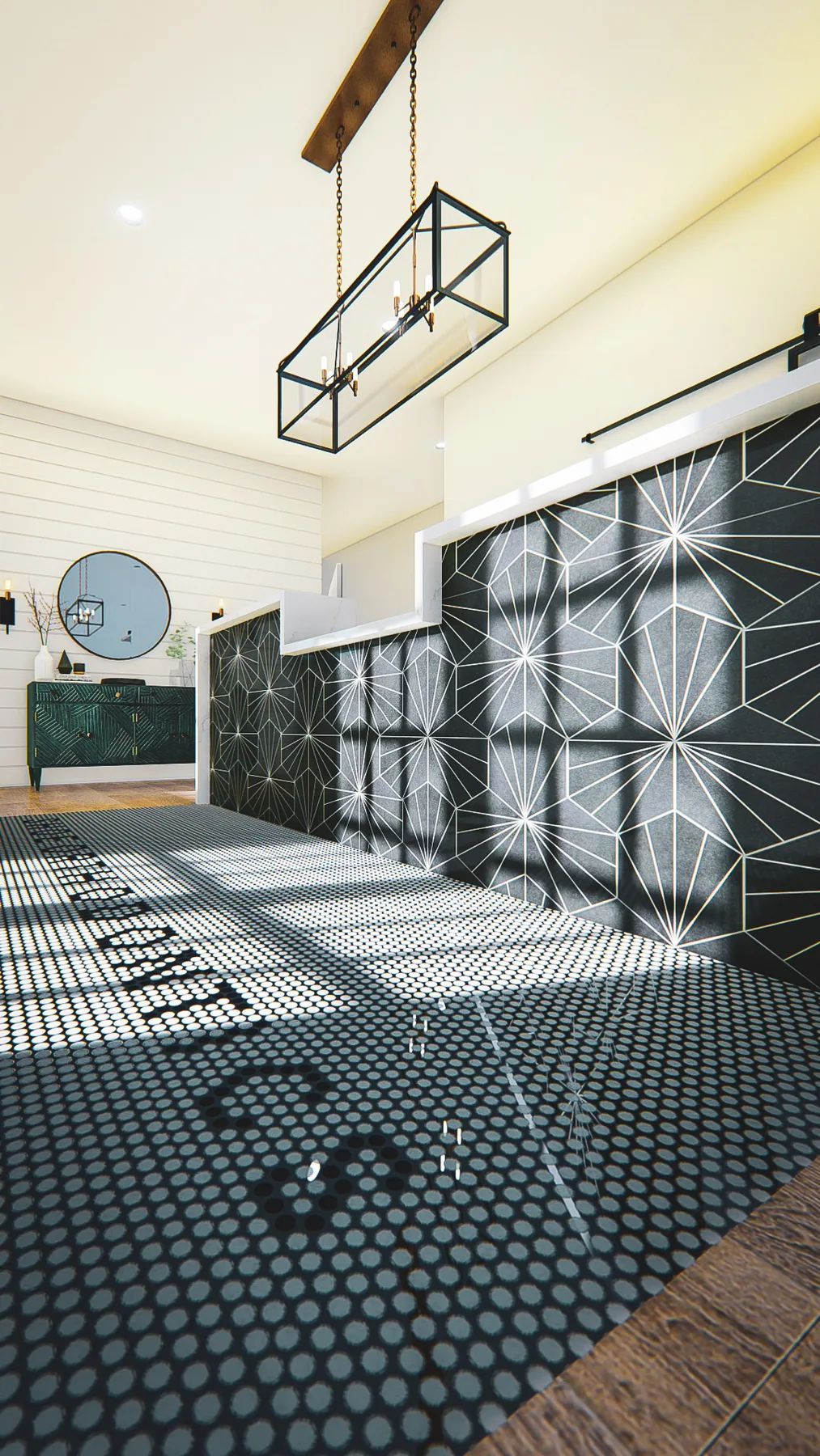 Design rendering: Long reception counter with patterned panels and black-and-white mosaic floor.