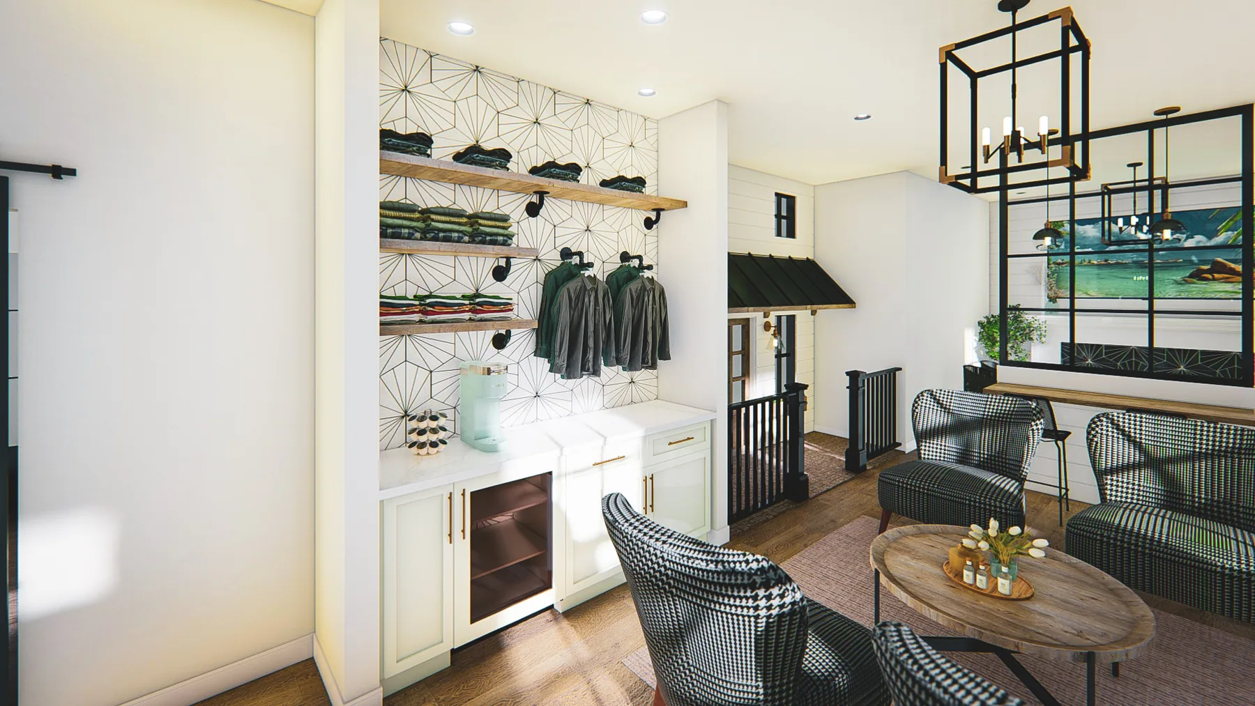 Design rendering: Orthodontic waiting lounge with black chairs, a round timber table and display shelving.