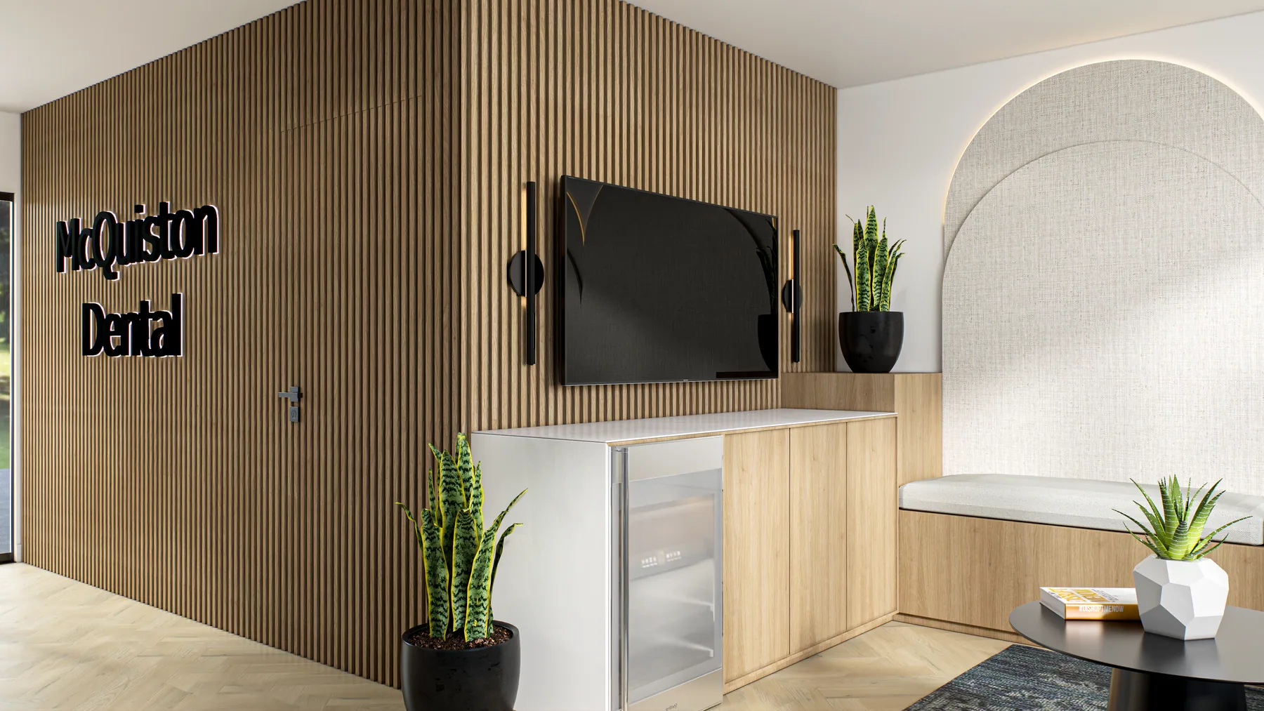 Design rendering: Slatted wood feature wall with McQuiston Dental lettering, screen, and storage.
