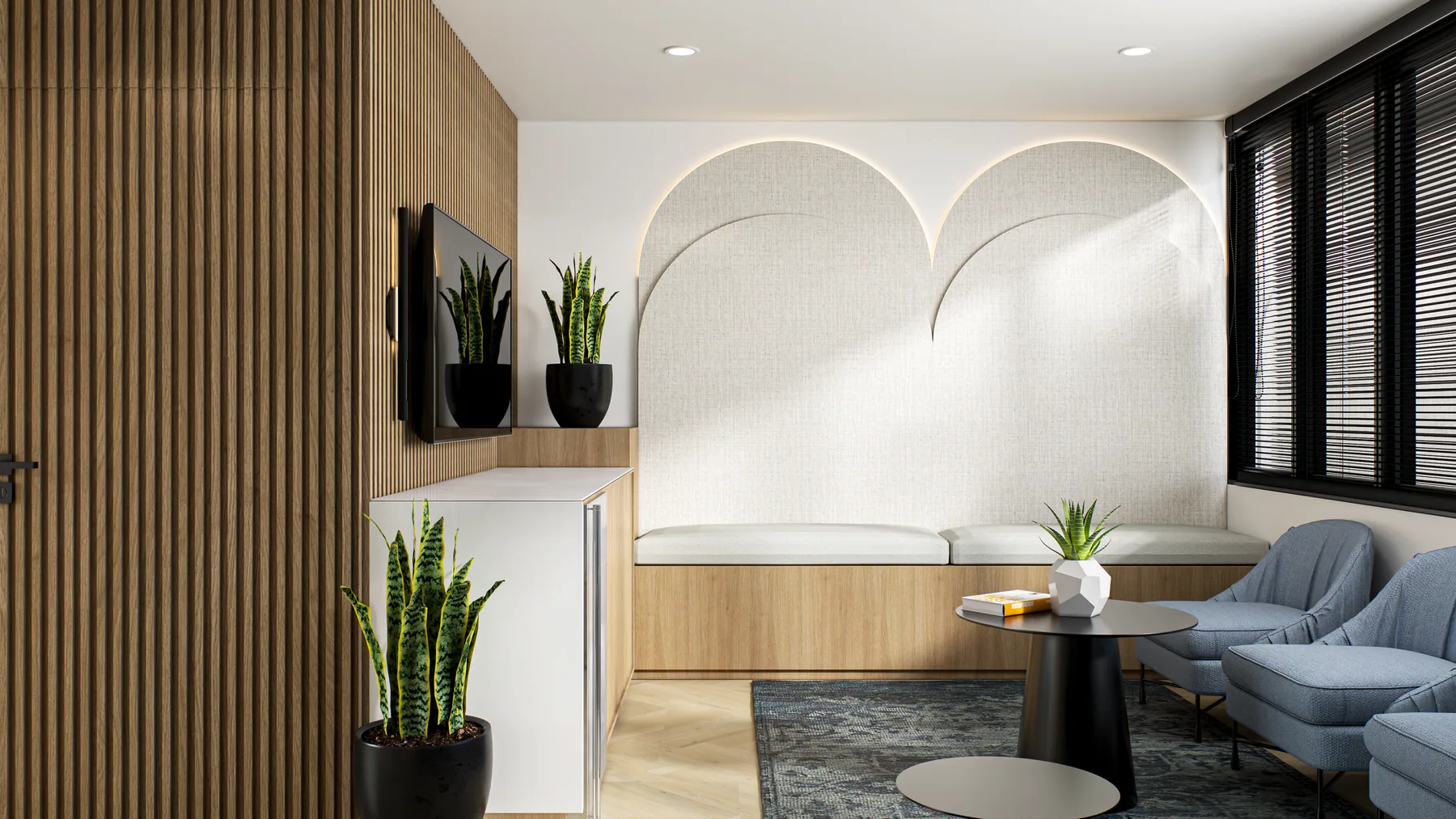 Design rendering: Waiting area with blue chairs, wood bench, white arch reliefs, and dark window frames.