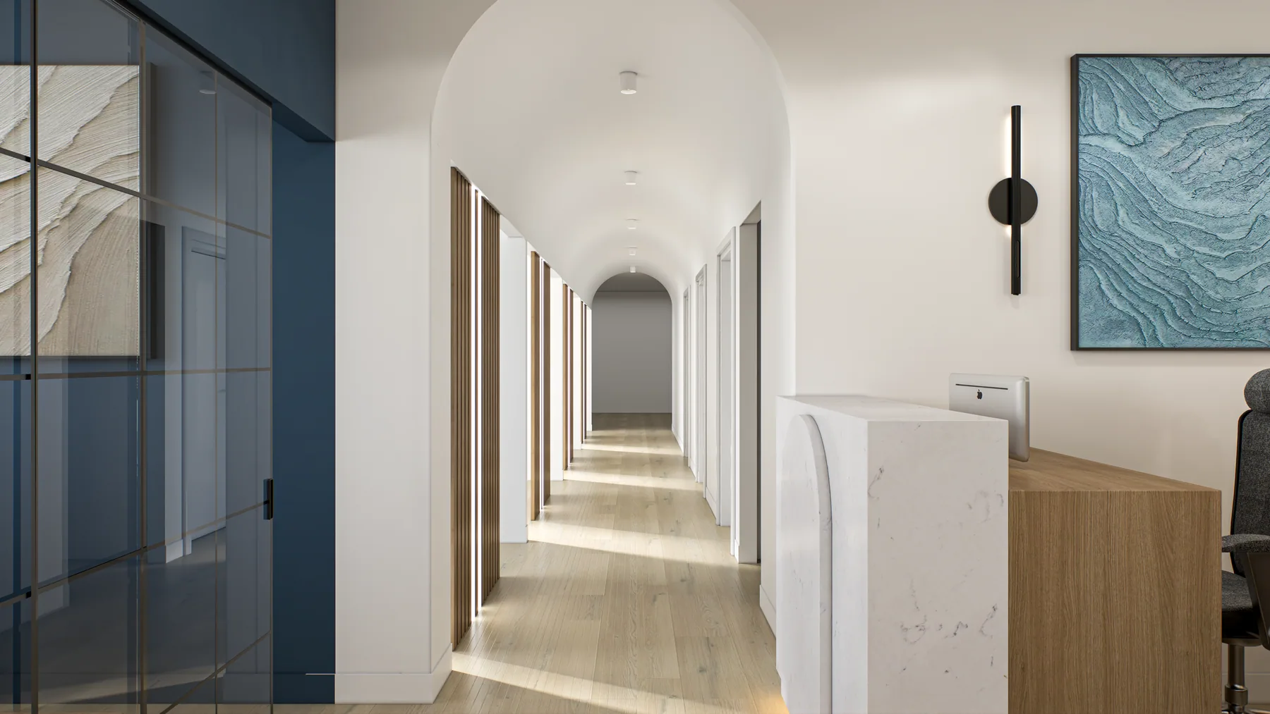 Design rendering: Arched corridor beside reception and blue accent wall.