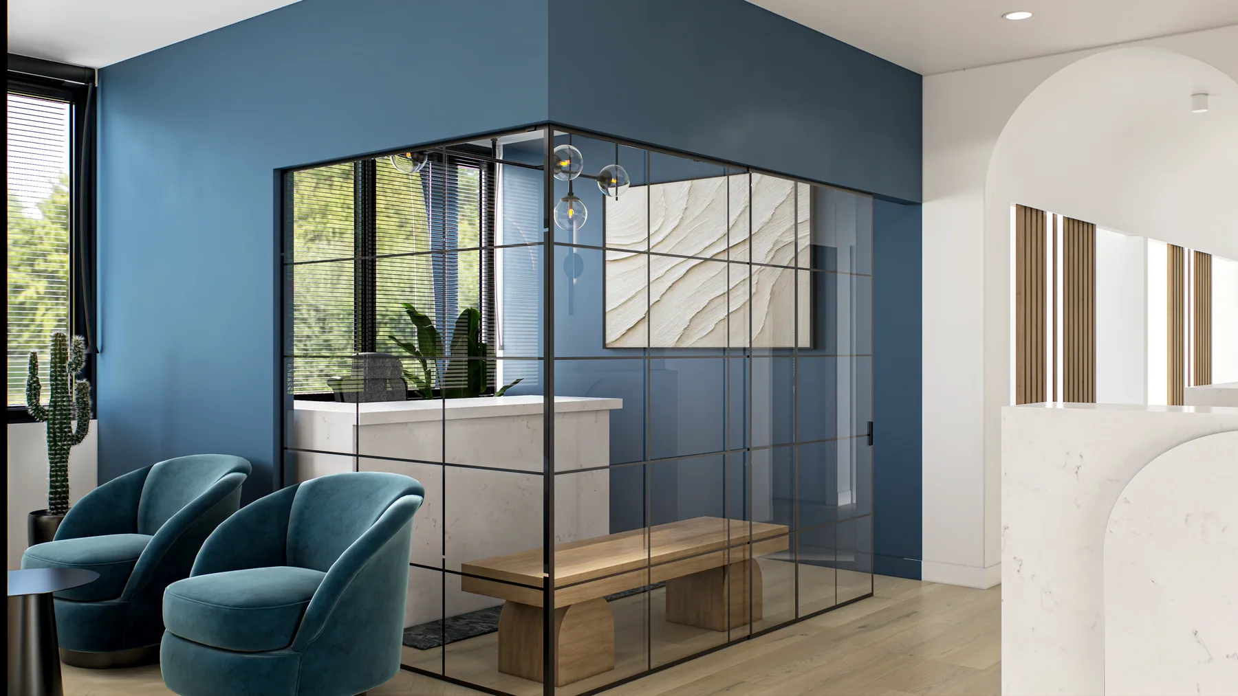 Design rendering: Blue waiting chairs, dark-framed glass partition, and reception counter edge.