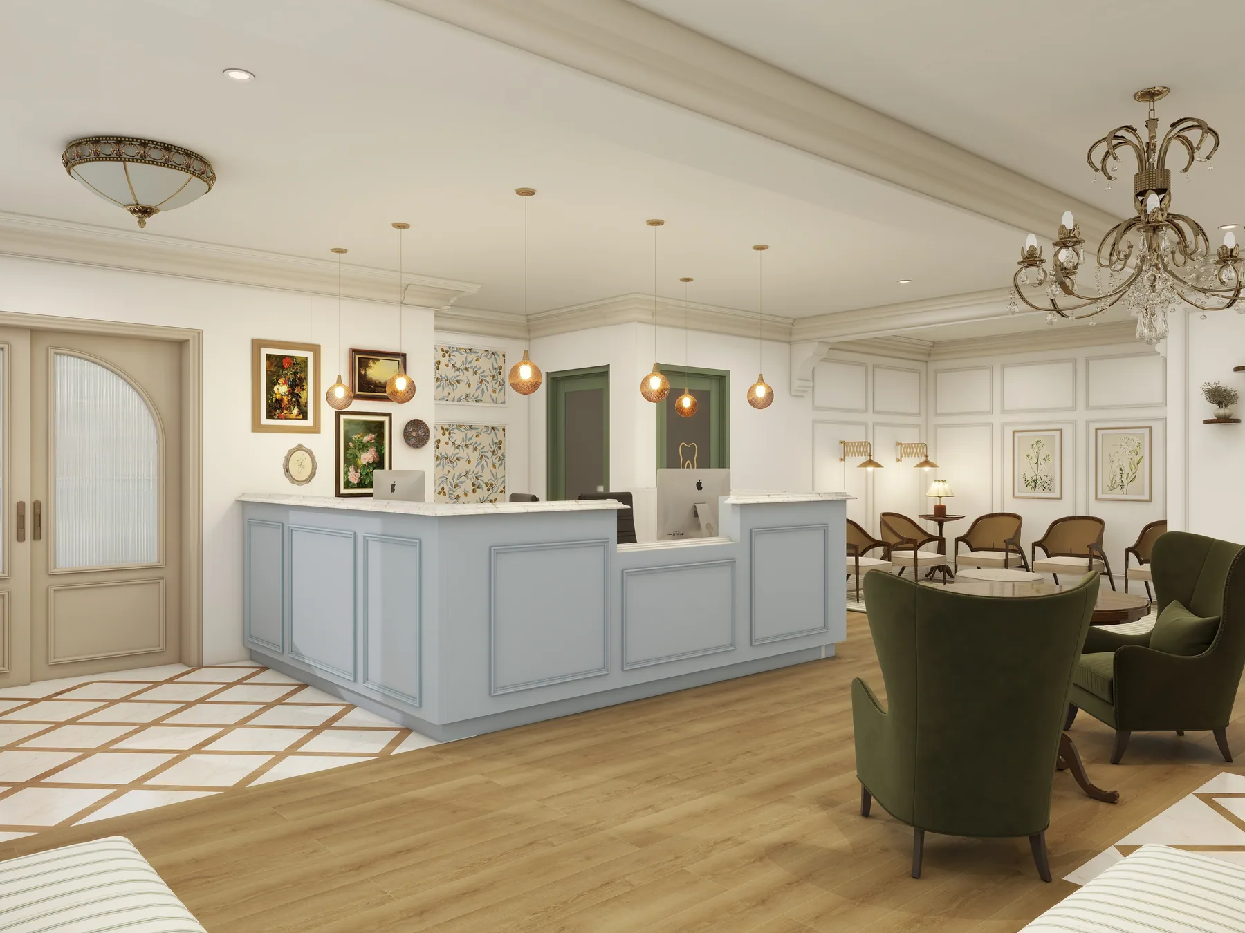 Design rendering: Powder-blue reception counter with paneled walls, chandeliers, and green seating.
