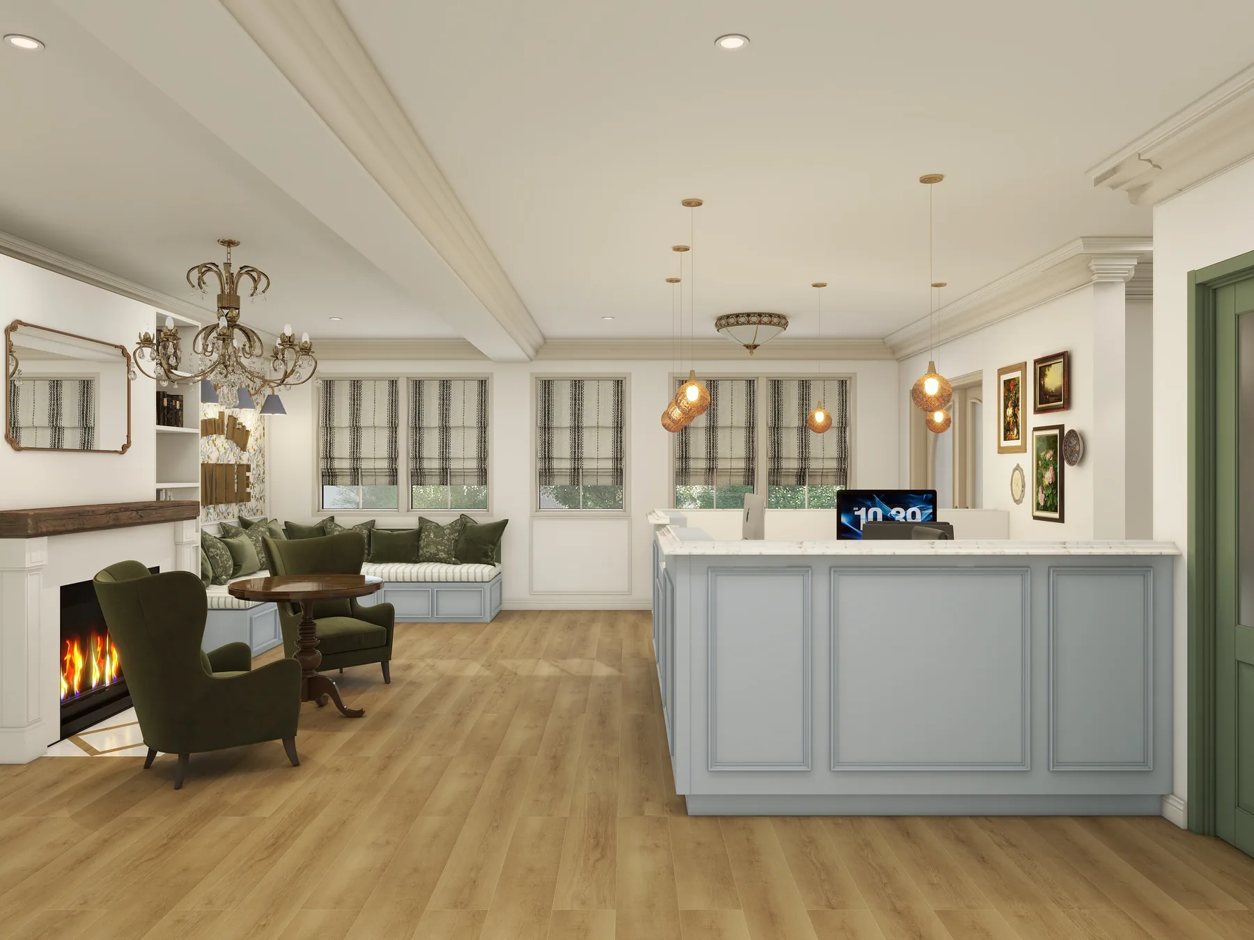 Design rendering: Wide reception and lounge view with fireplace and built-in cabinets.