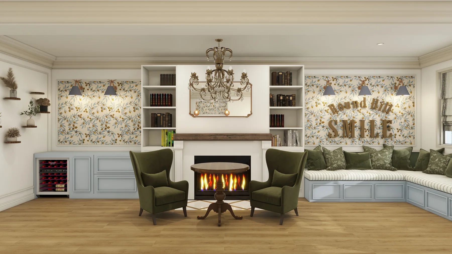 Design rendering: Fireplace, green wing chairs, floral wallpaper, and corner banquette.