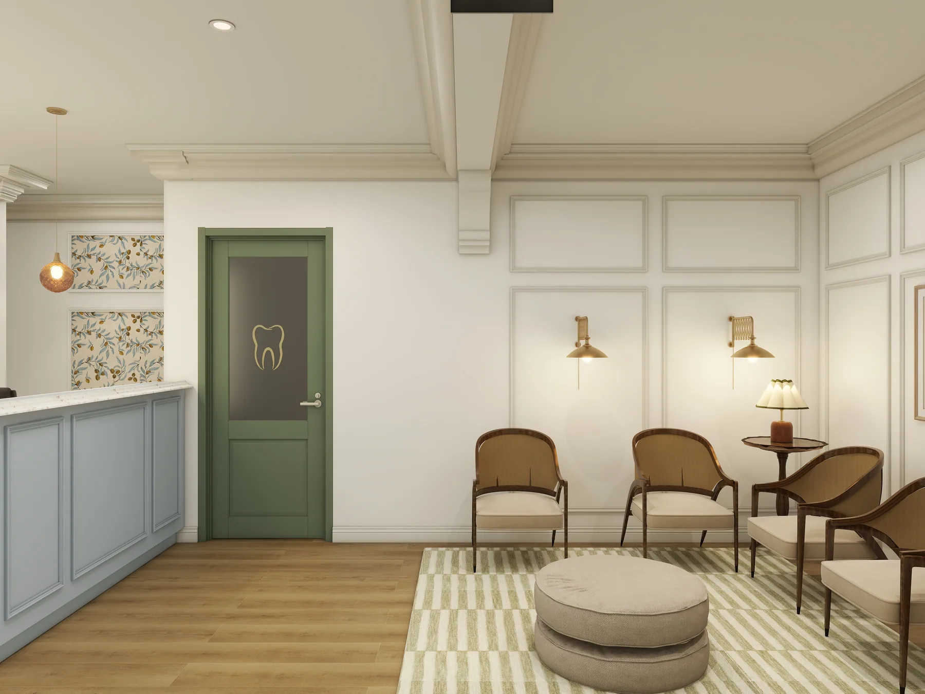 Design rendering: Secondary waiting area with green tooth-marked door, chairs, and ottoman.