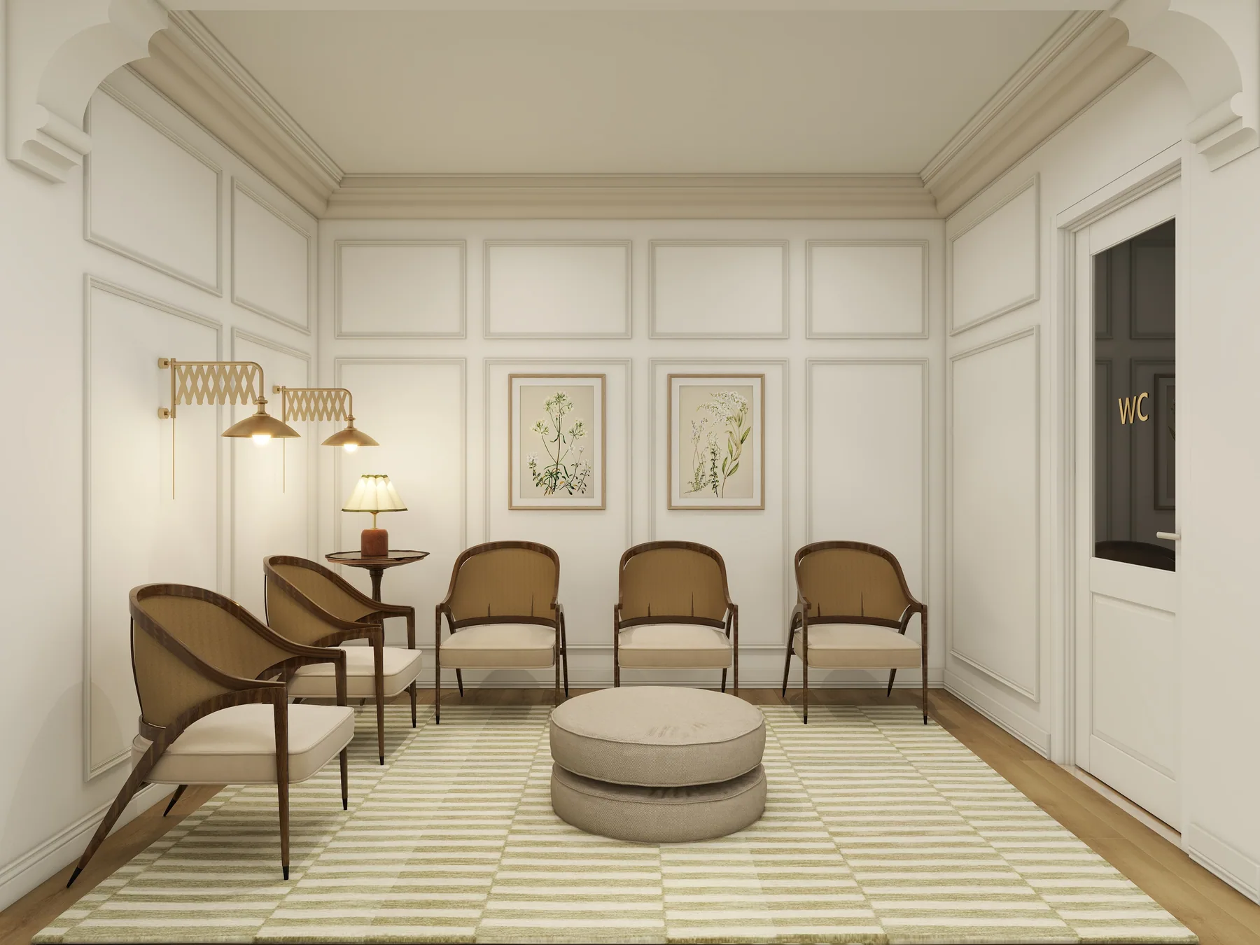 Design rendering: Waiting nook with wood-framed chairs, wall sconces, and paneled walls.