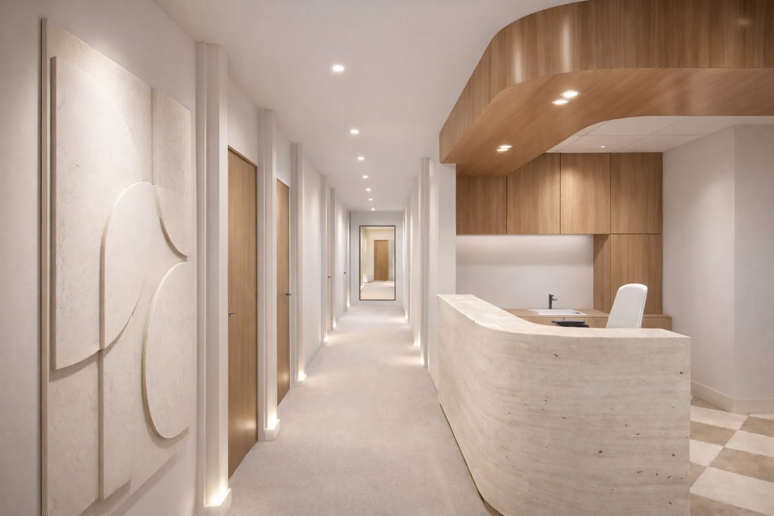 Design rendering: Hallway/reception design v03: curved pale desk, rounded wood canopy, corridor, and wall reliefs; compare lighting and finish treatment.