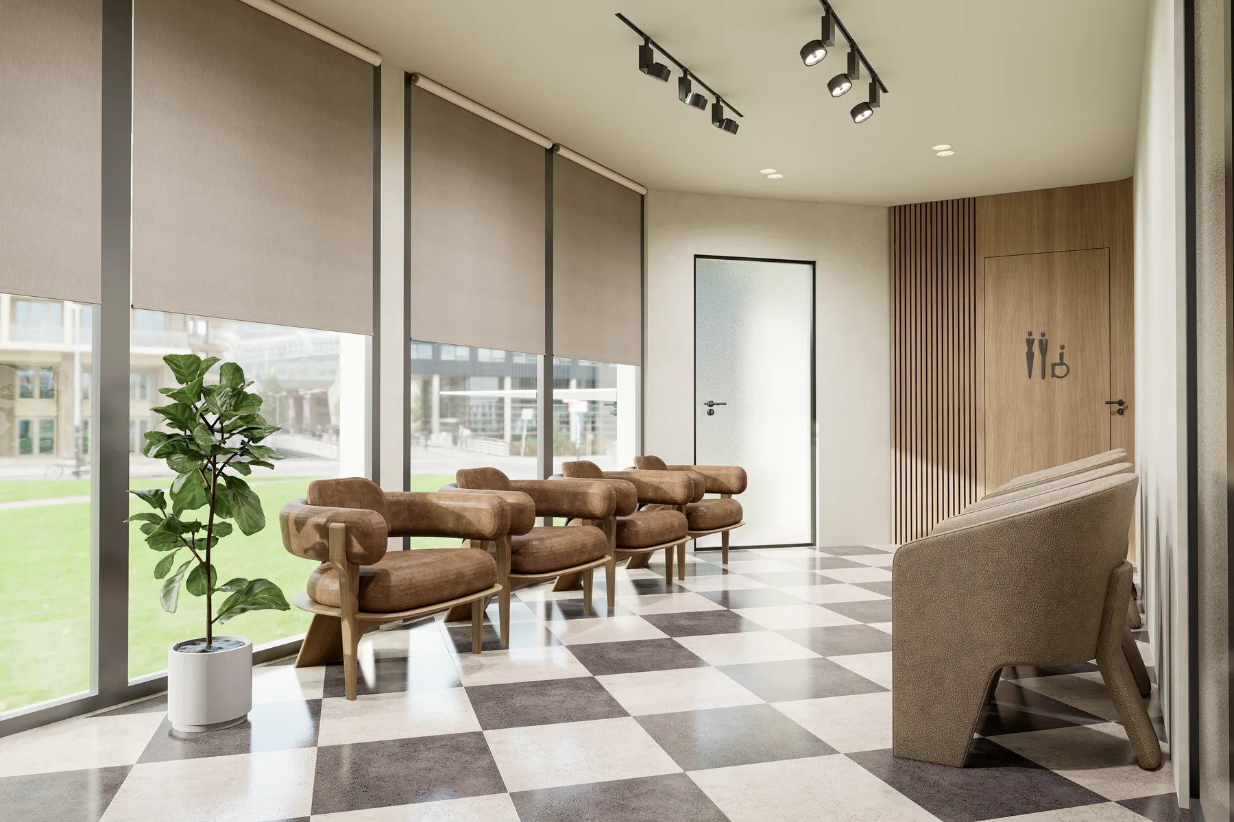 Design rendering: Waiting-area design original: checkerboard floor, large windows, and chair selection/lighting variant.
