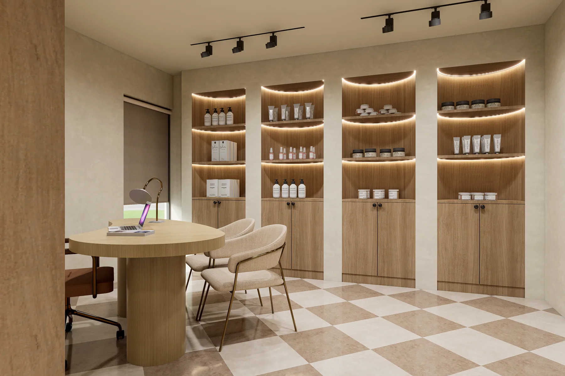 Design rendering: Retail/consultation design original: round table and illuminated timber product shelves.