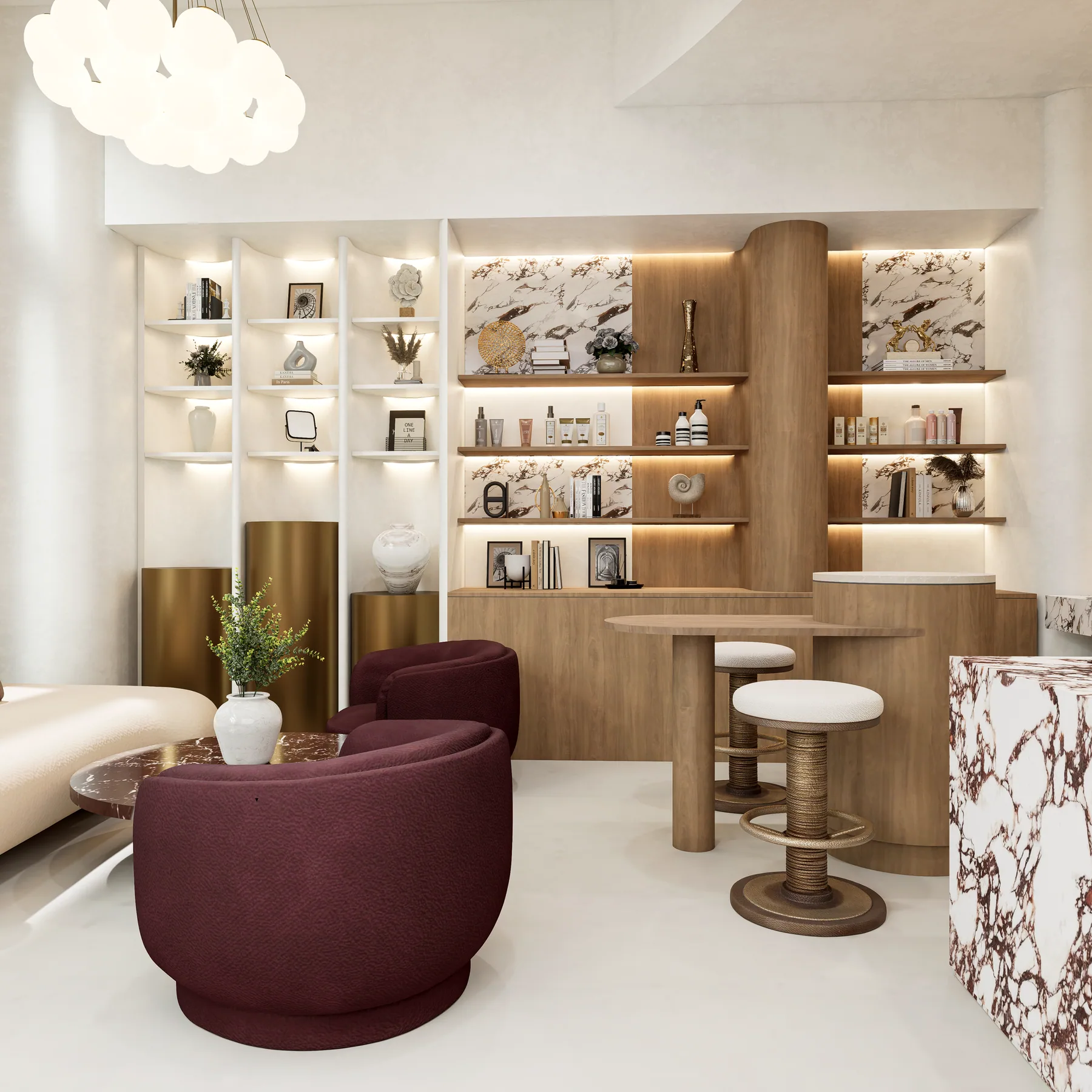 Design rendering: Retail shelves, curved wood display, plum chairs, and reception edge.