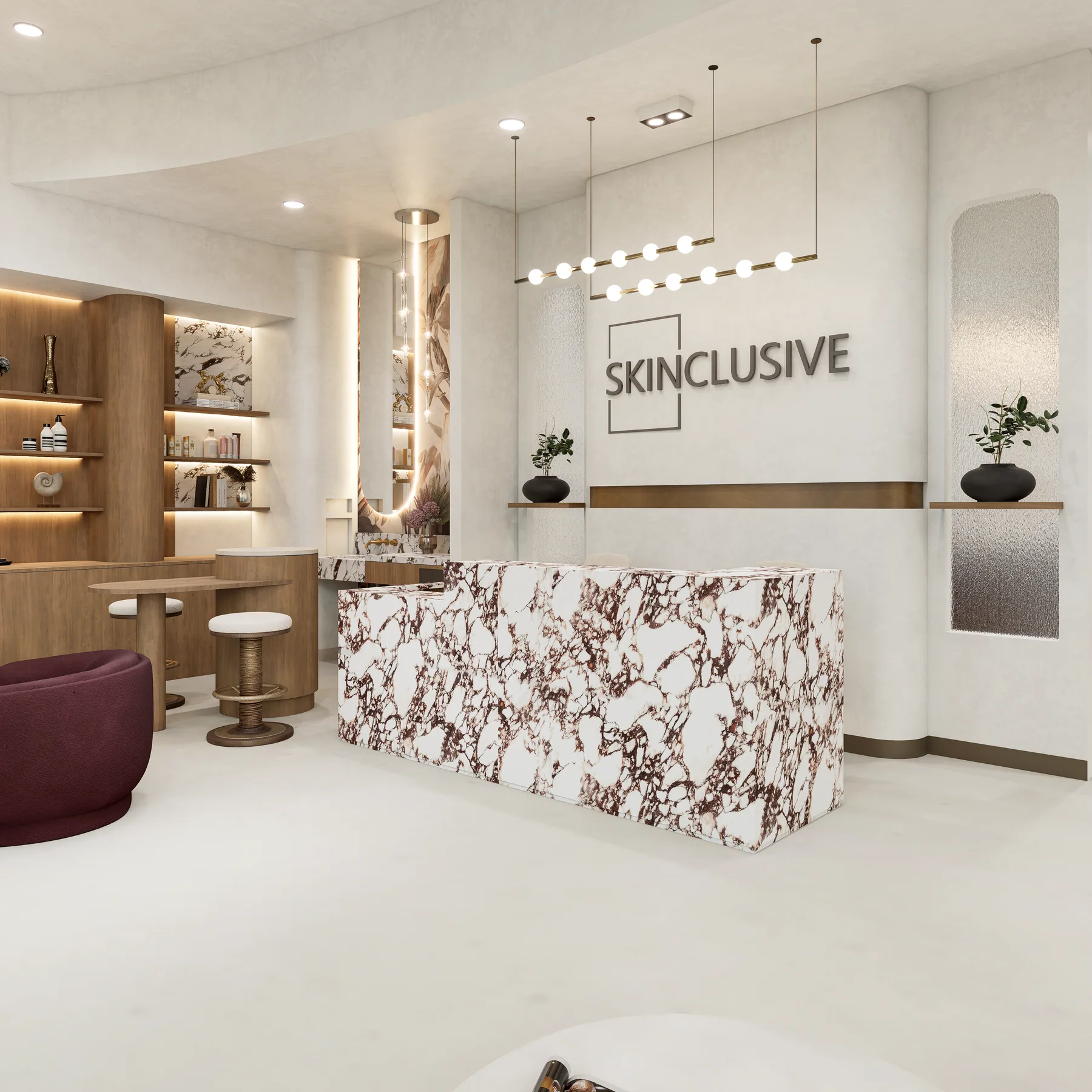 Design rendering: Reception with burgundy-veined counter and Skinclusive wall sign.