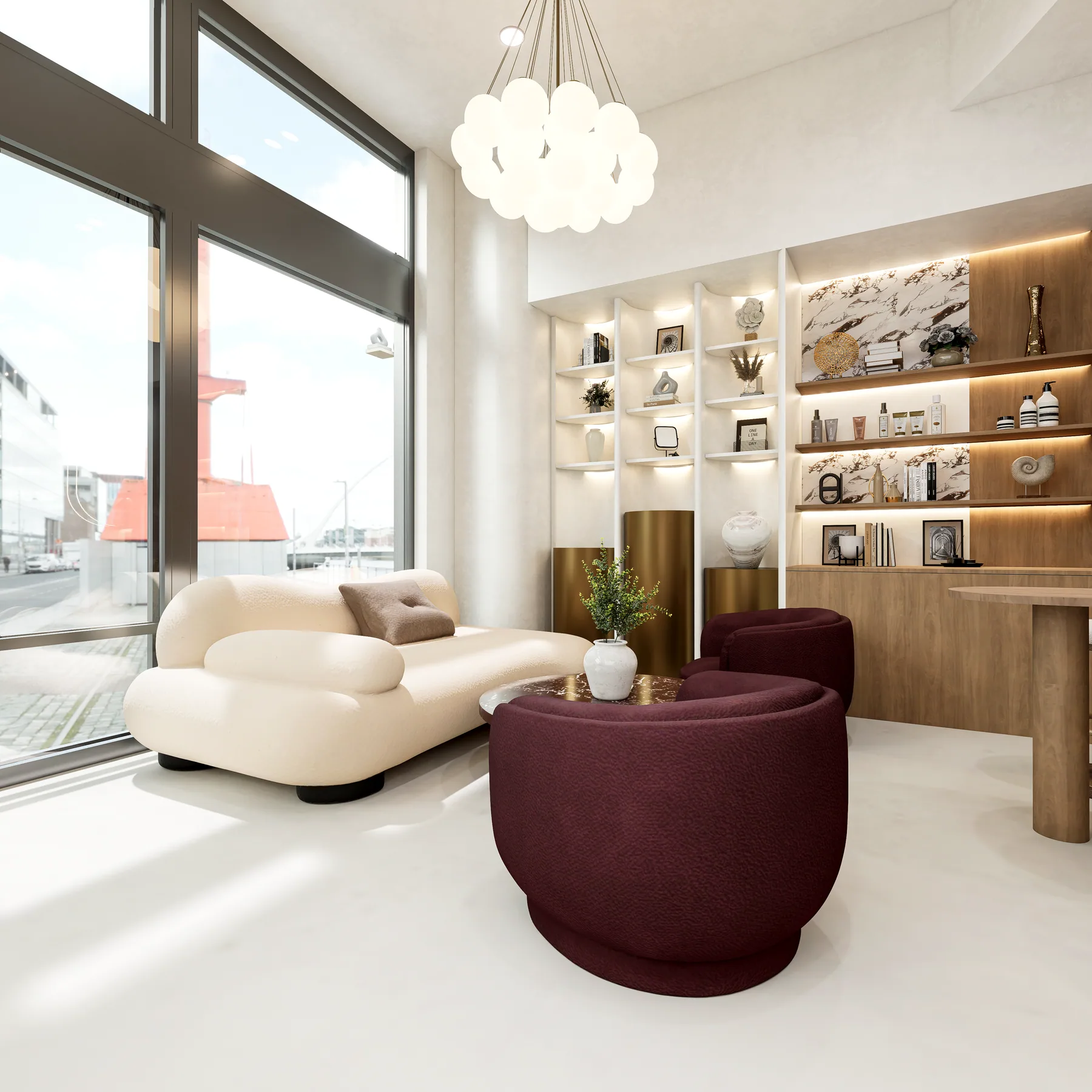 Design rendering: Pale sofa and plum seating beneath a cloud-like pendant beside large windows.