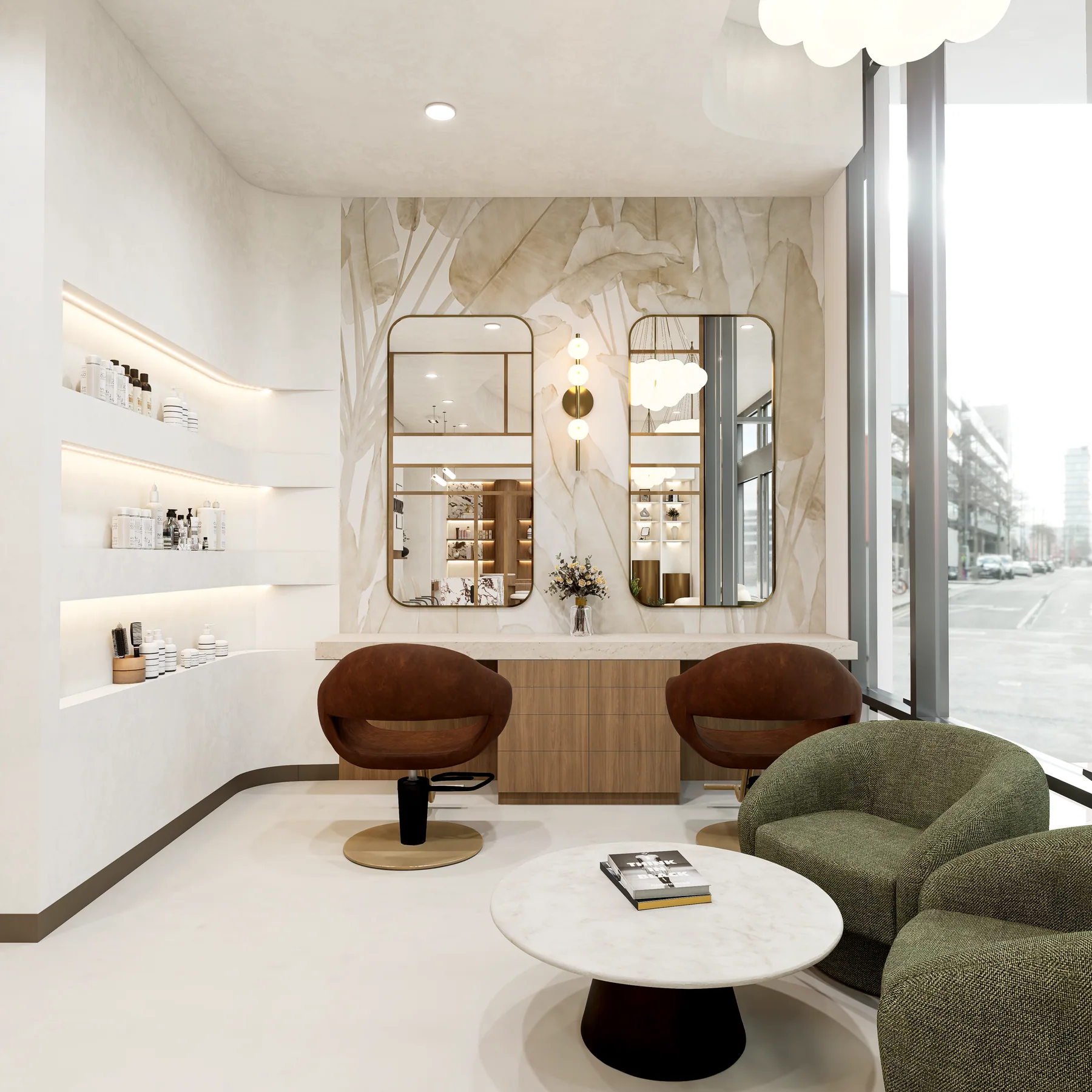 Design rendering: Secondary lounge with olive seating, decorative mirrors, and display wall.