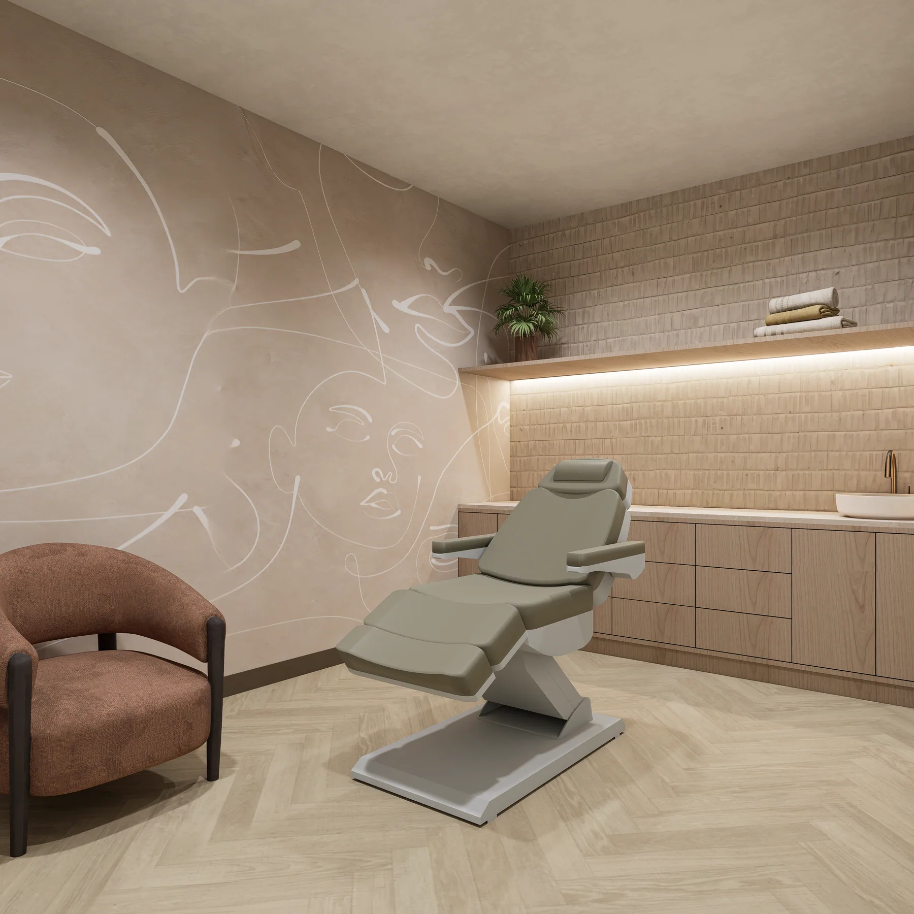 Design rendering: Single-chair treatment room with pale green chair, line-art wall, and timber cabinetry.