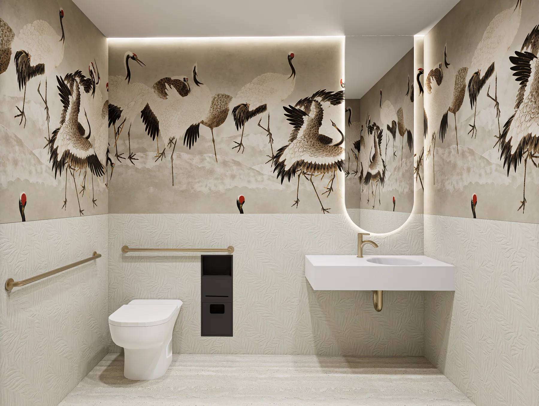 Design rendering: Washroom with bird mural, pale wall finishes, wall-mounted basin, and mirror.