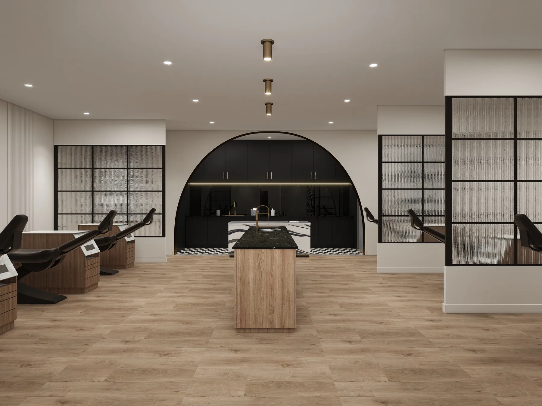 Design rendering: Open clinical area with central island, treatment chairs, and dark-framed partitions.