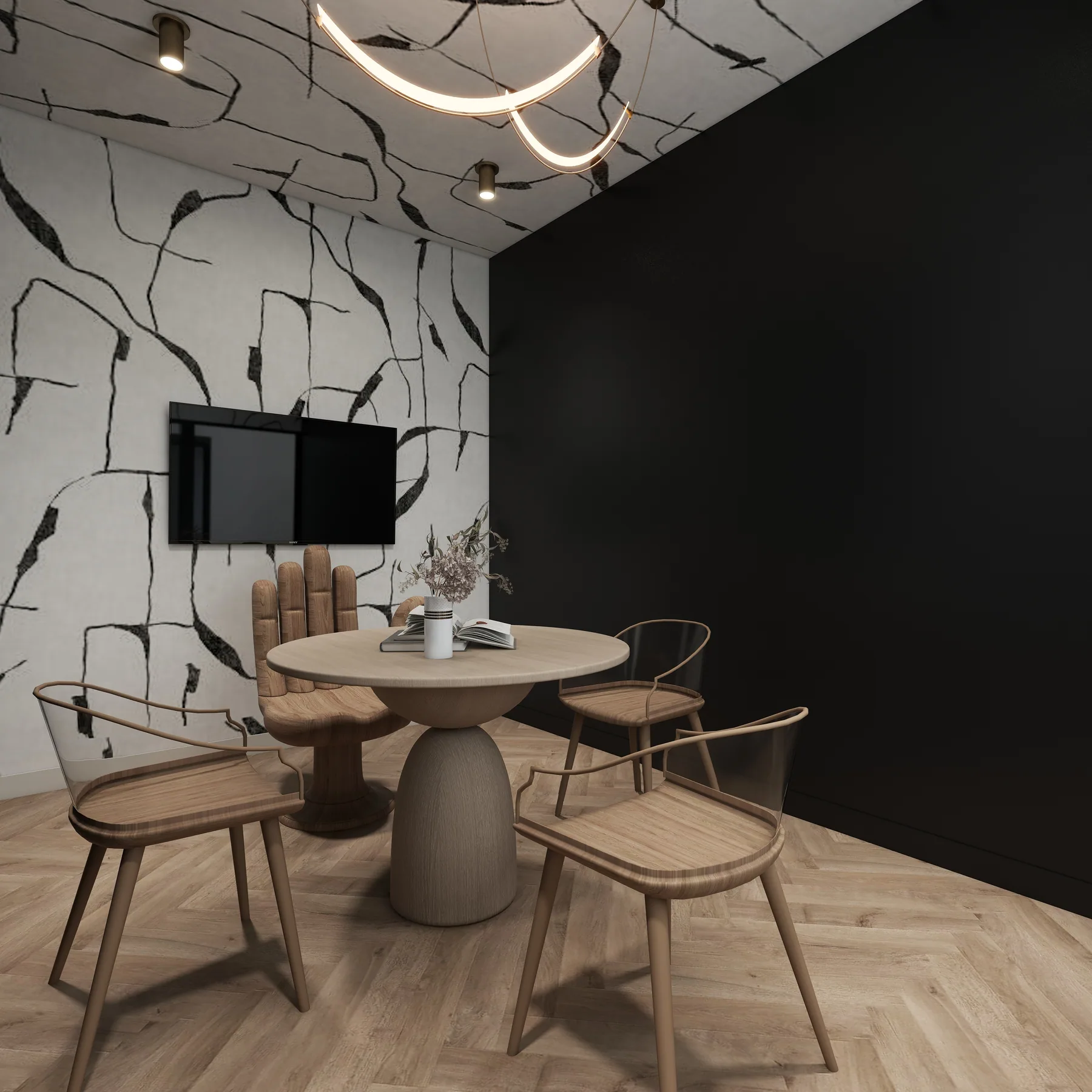 Design rendering: Consultation room with round wood table, dark wall, graphic wallpaper, and screen.