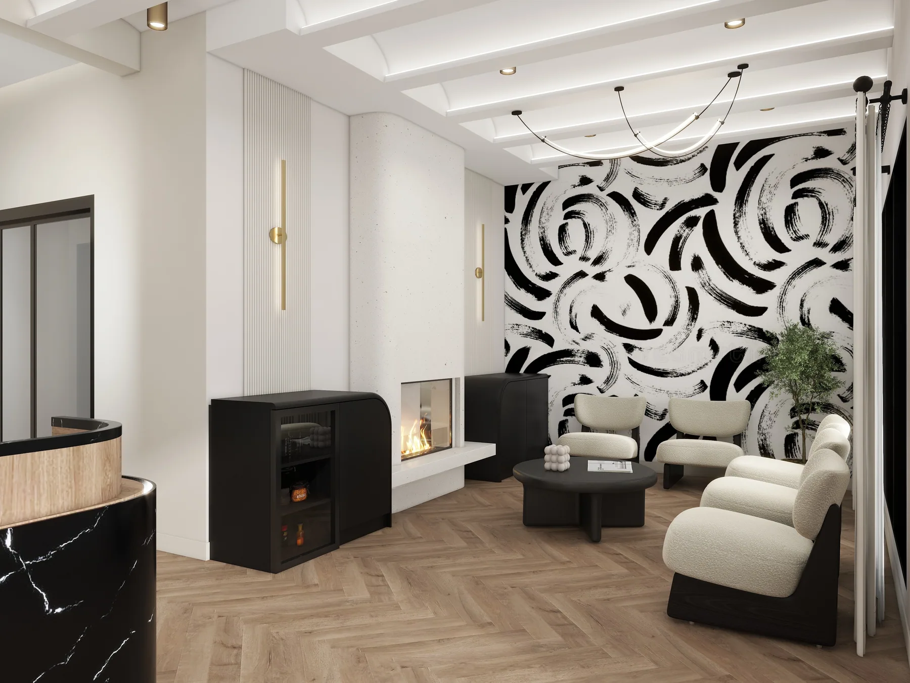 Design rendering: Waiting area with looping black-and-white wall pattern and pale lounge chairs.