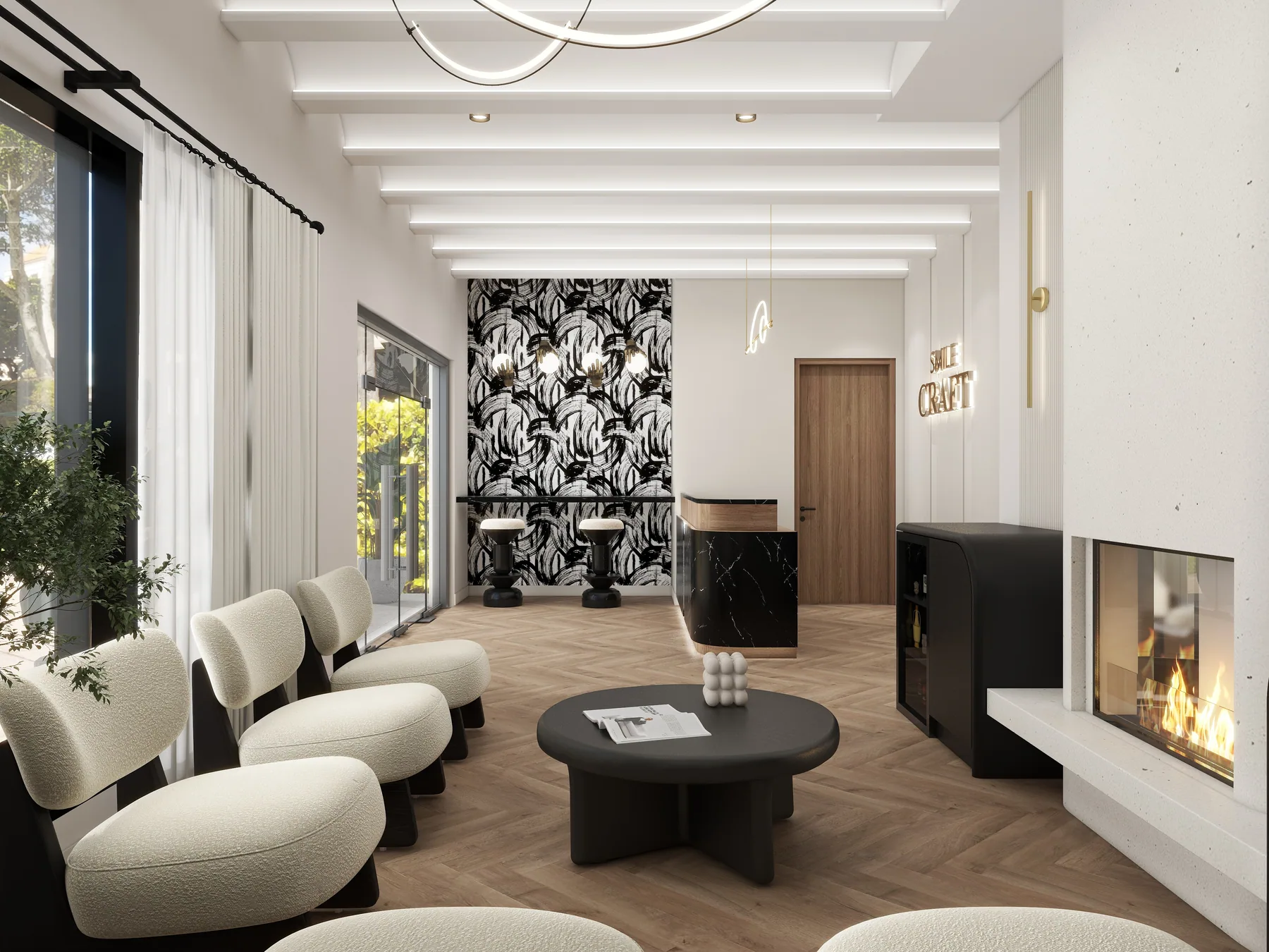 Design rendering: Long waiting-room view with window-side seating, fireplace, and floral-pattern end wall.